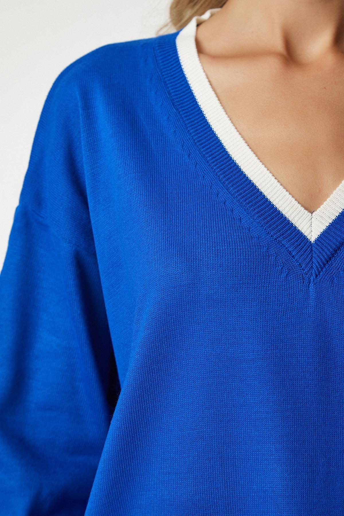 Blue V-Neck Oversize Knitwear Sweater, Blue, large image number 3