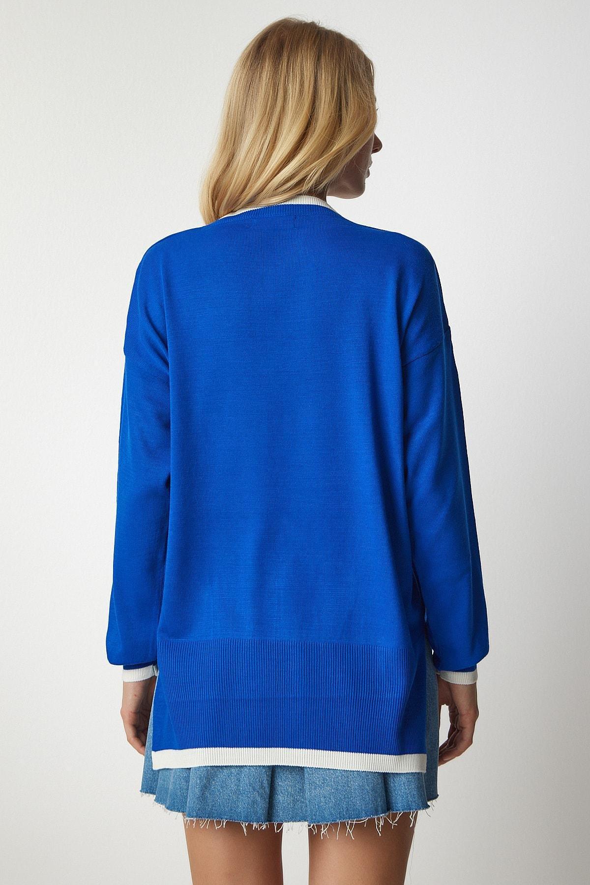Blue V-Neck Oversize Knitwear Sweater, Blue, large image number 4