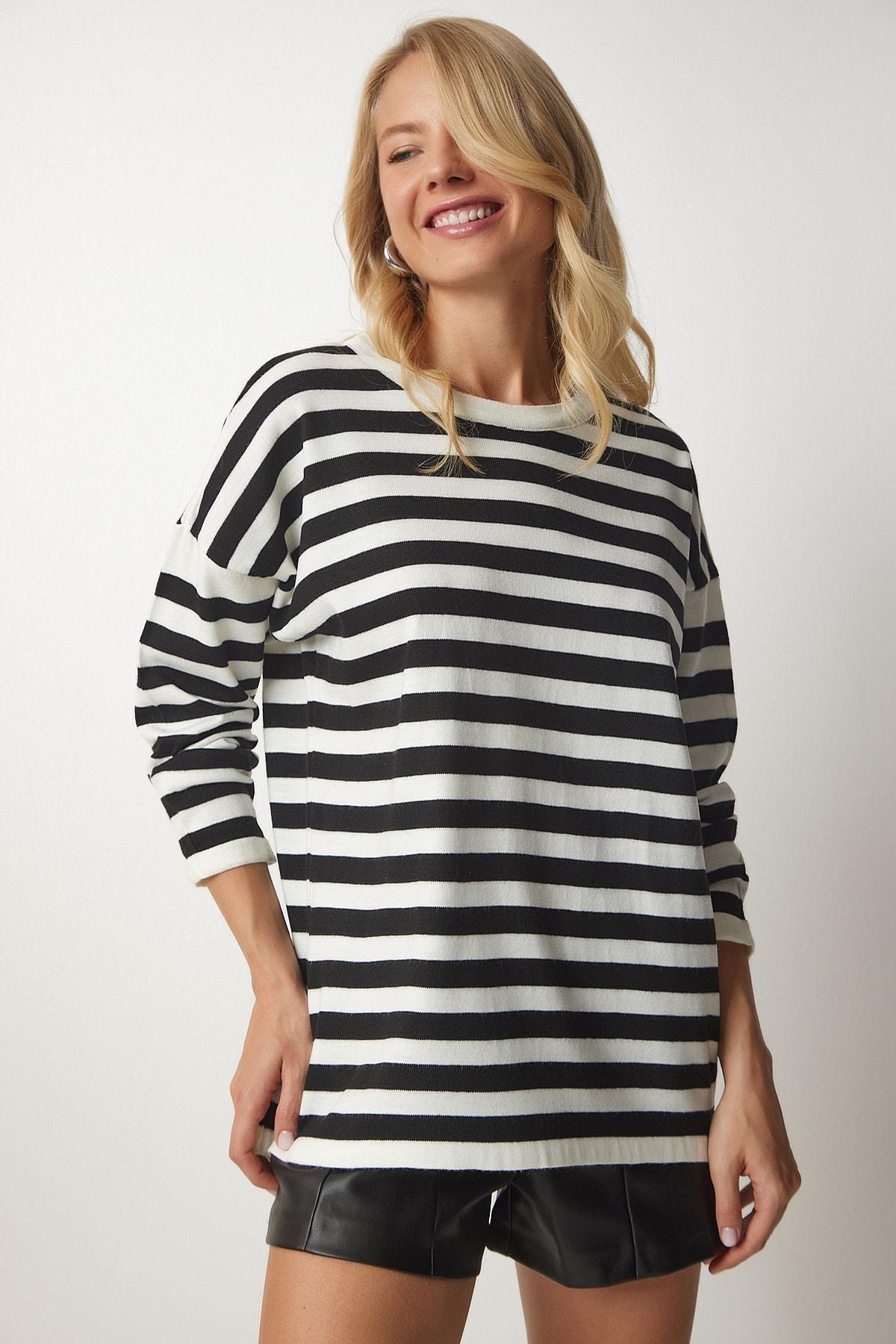 Black Striped Oversize Knit Sweater, BLACK WHITE, large image number 1