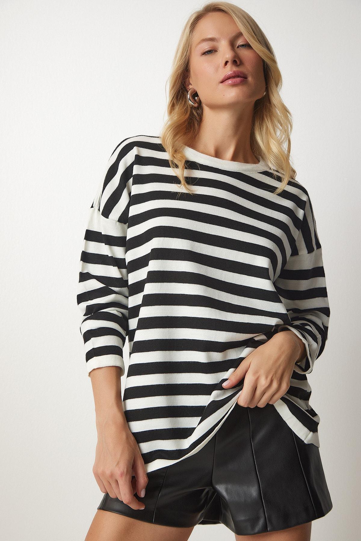 Black Striped Oversize Knit Sweater, BLACK WHITE, large image number 2