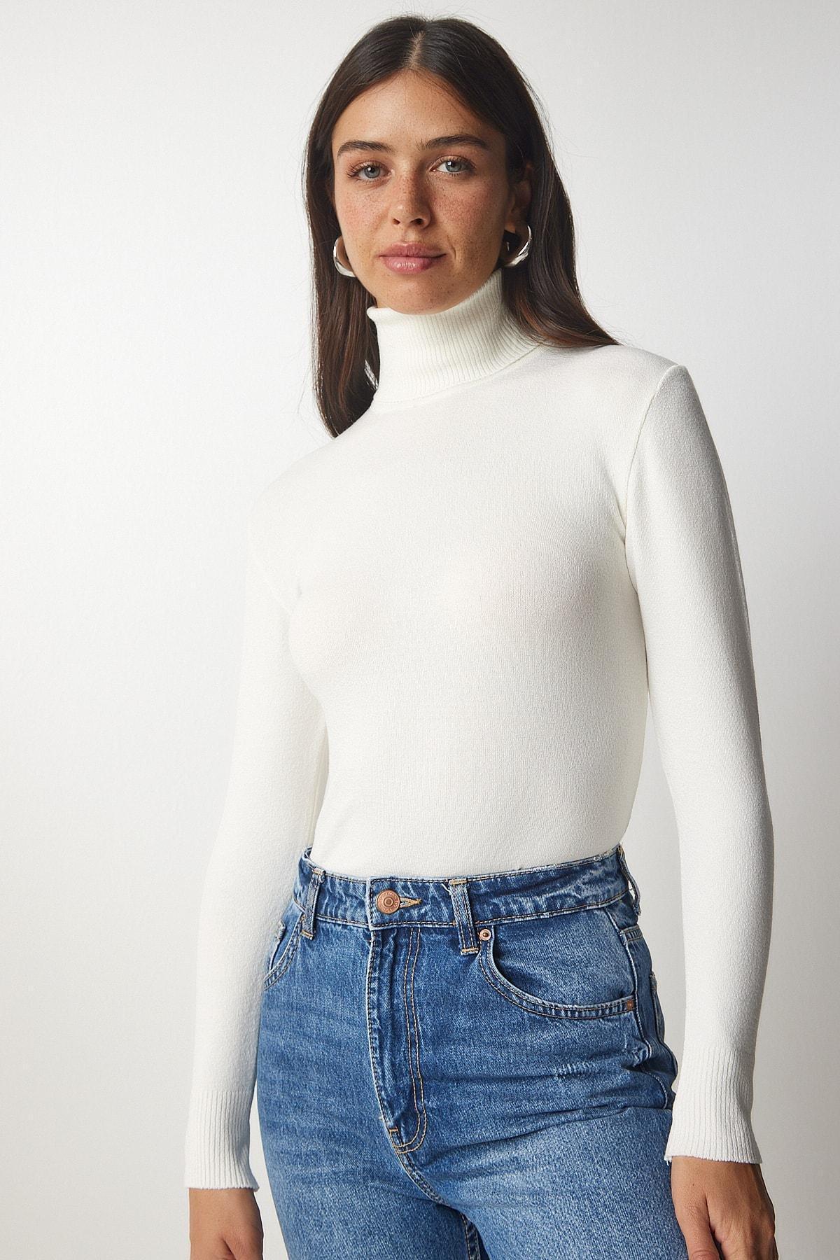 White Turtleneck Ribbed Knitwear Sweater, Bone, large image number 0