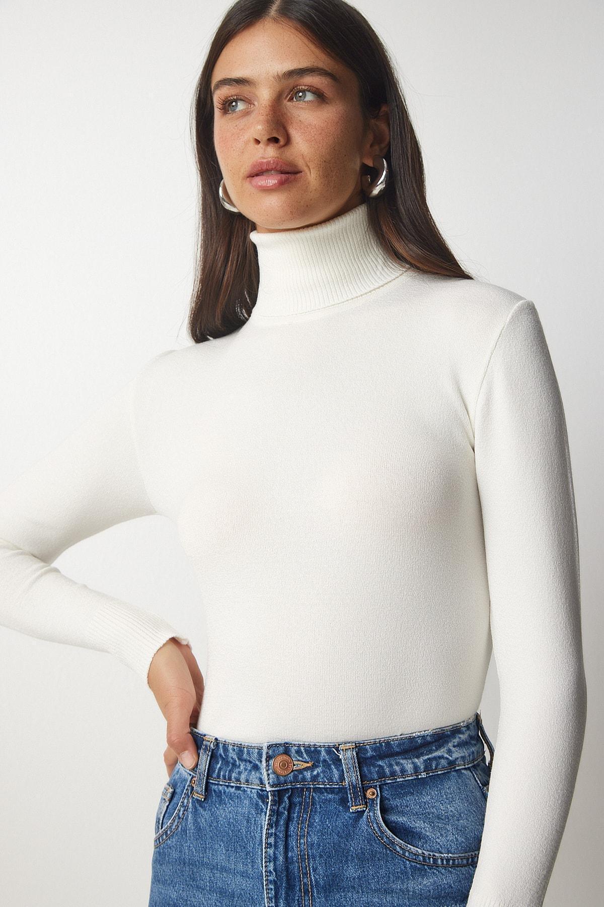 White Turtleneck Ribbed Knitwear Sweater, Bone, large image number 1