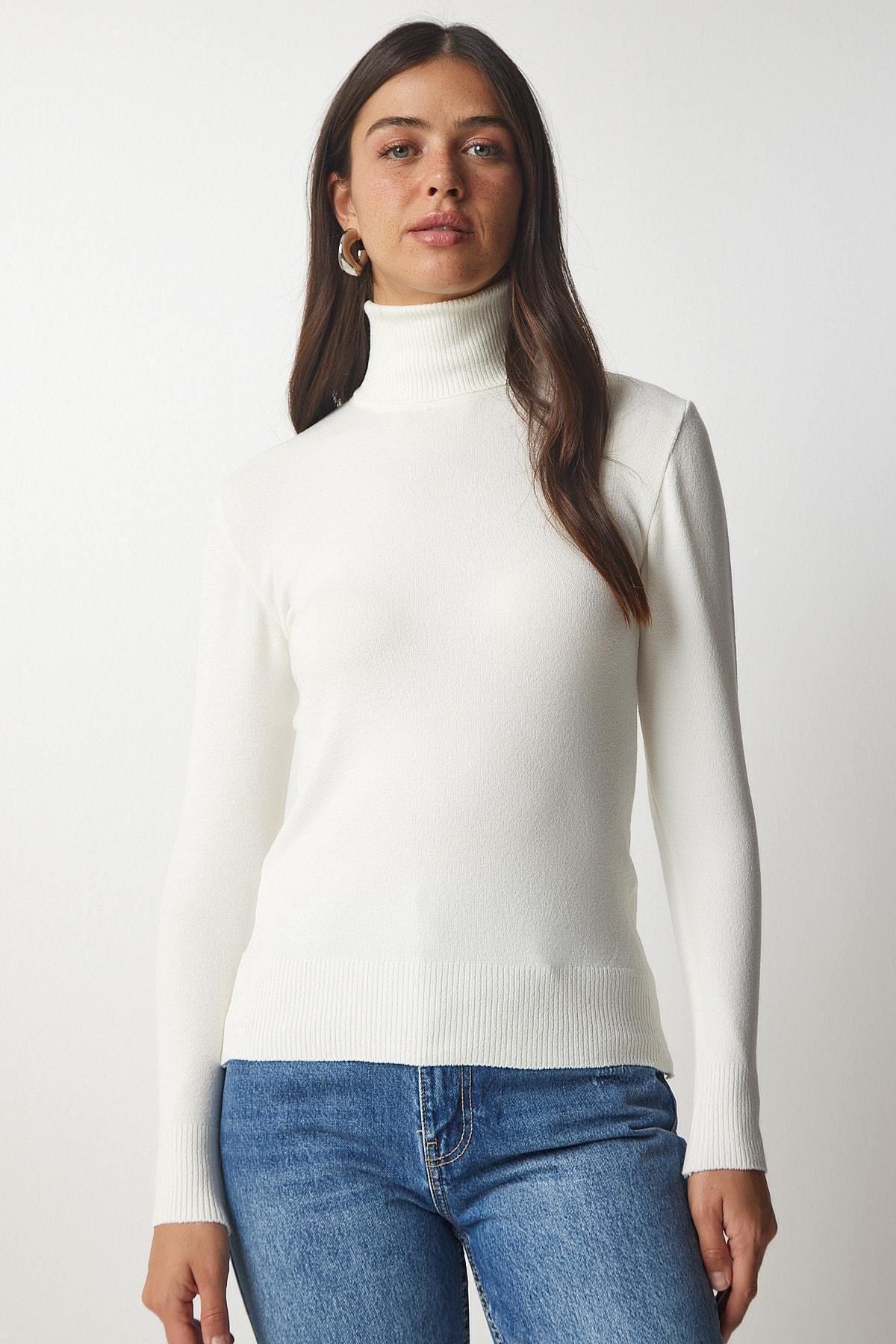 White Turtleneck Ribbed Knitwear Sweater, Bone, large image number 2