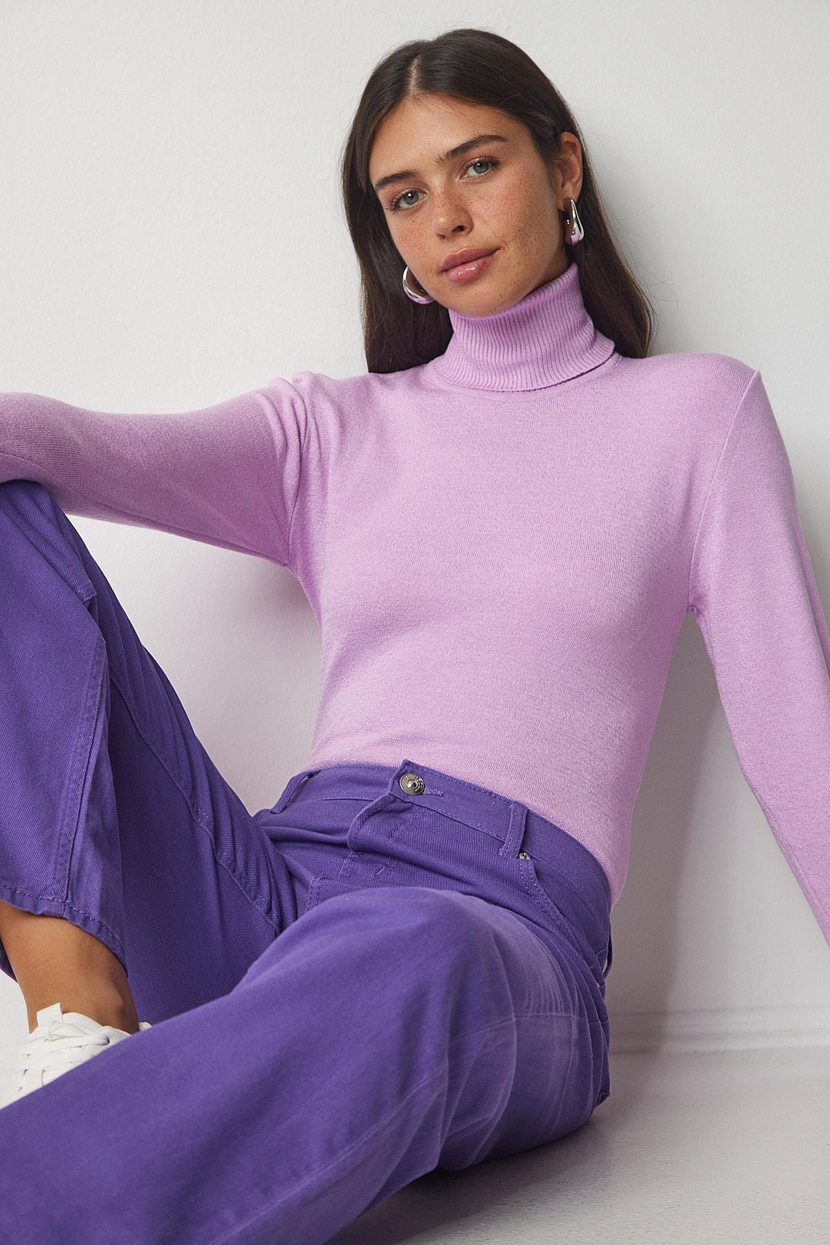 Purple Turtleneck Corduroy Knitwear Sweater, Lilac, large image number 0
