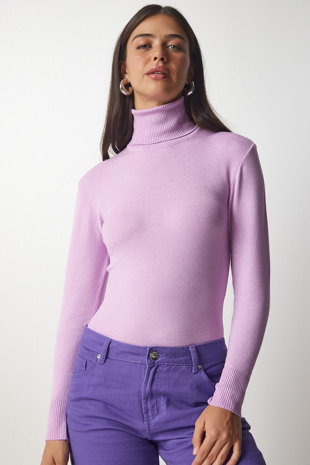 Purple Turtleneck Corduroy Knitwear Sweater, Lilac, large image number 3