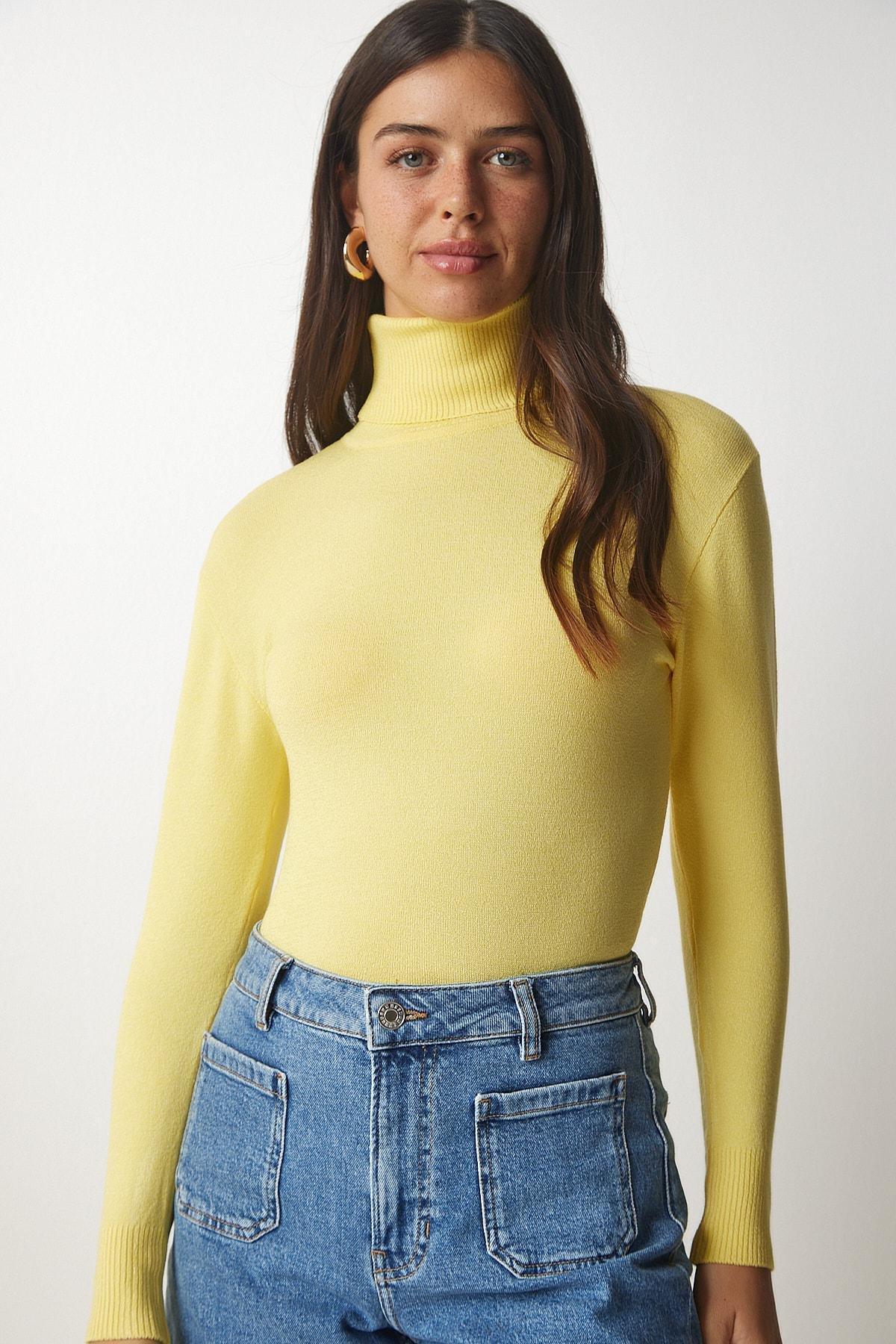 Yellow Turtleneck Corduroy Knitwear Sweater, Yellow, large image number 1