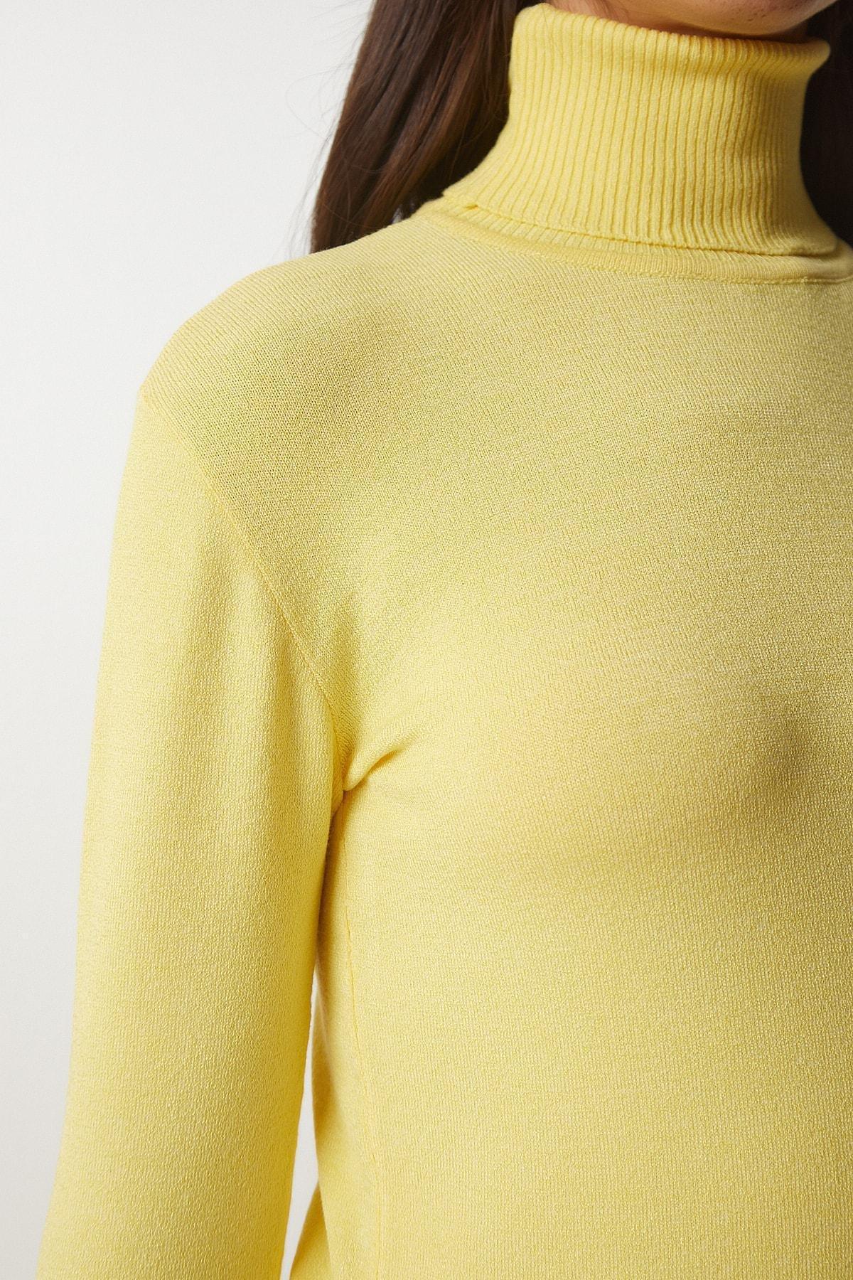 Yellow Turtleneck Corduroy Knitwear Sweater, Yellow, large image number 3
