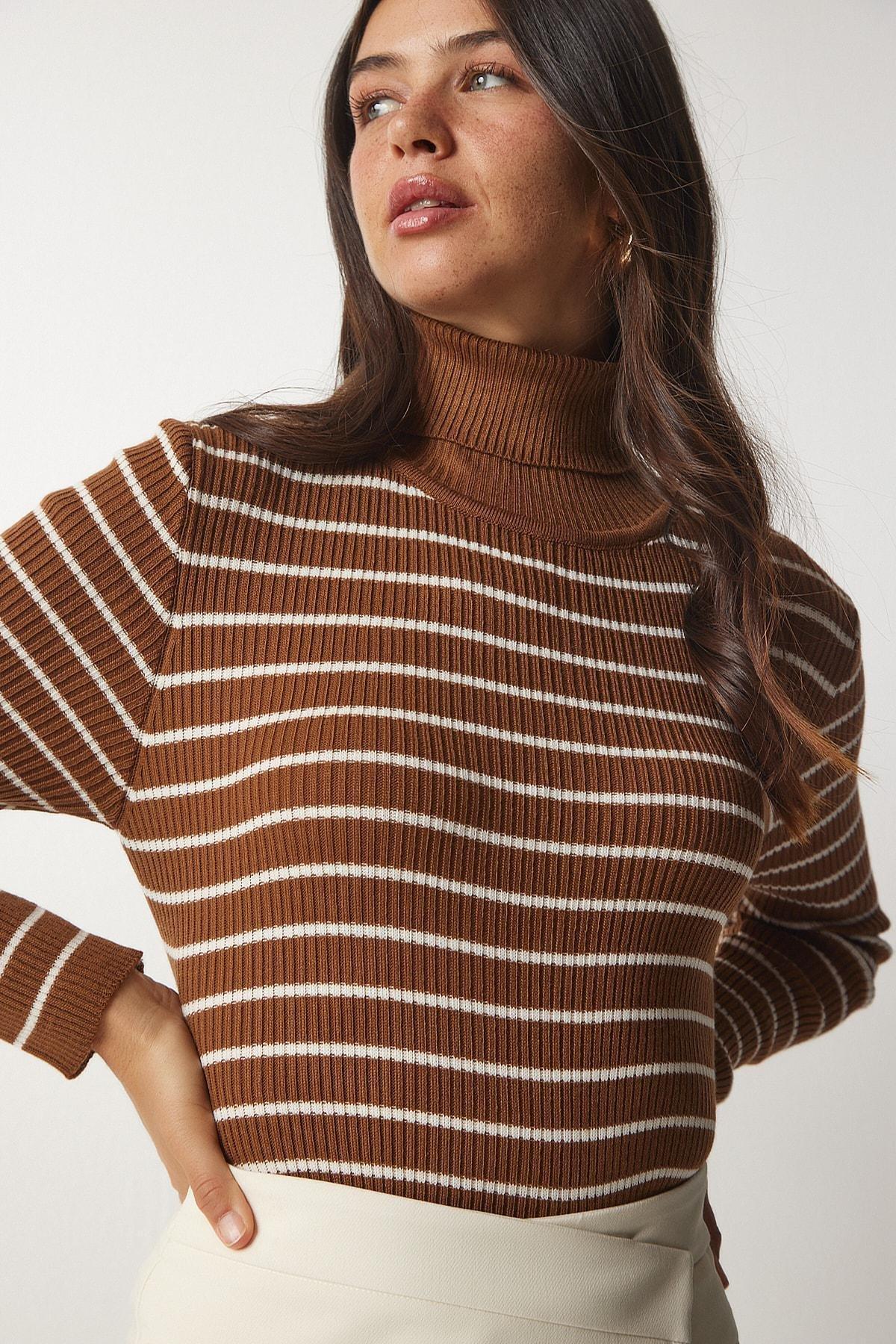 Brown Striped Turtleneck Knitwear Sweater, Brown, large image number 2