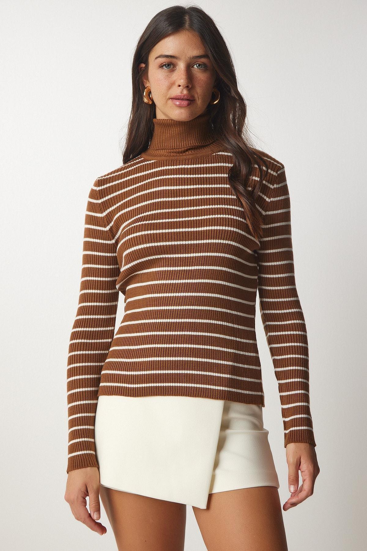 Brown Striped Turtleneck Knitwear Sweater, Brown, large image number 3
