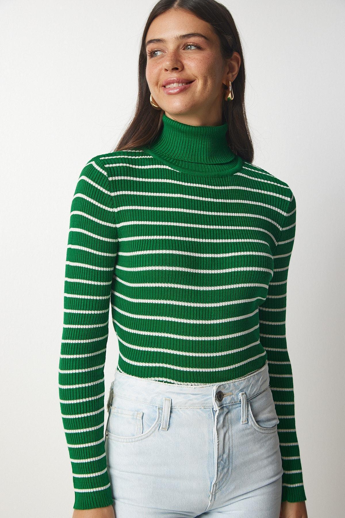 Green Striped Turtleneck Knitwear Sweater, Green, large image number 0