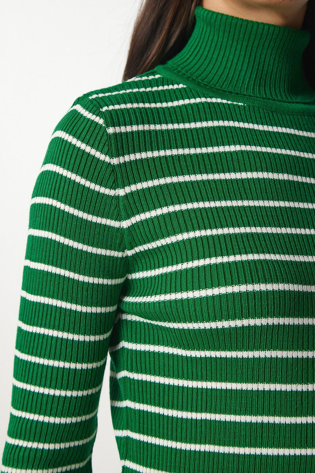 Green Striped Turtleneck Knitwear Sweater, Green, large image number 3