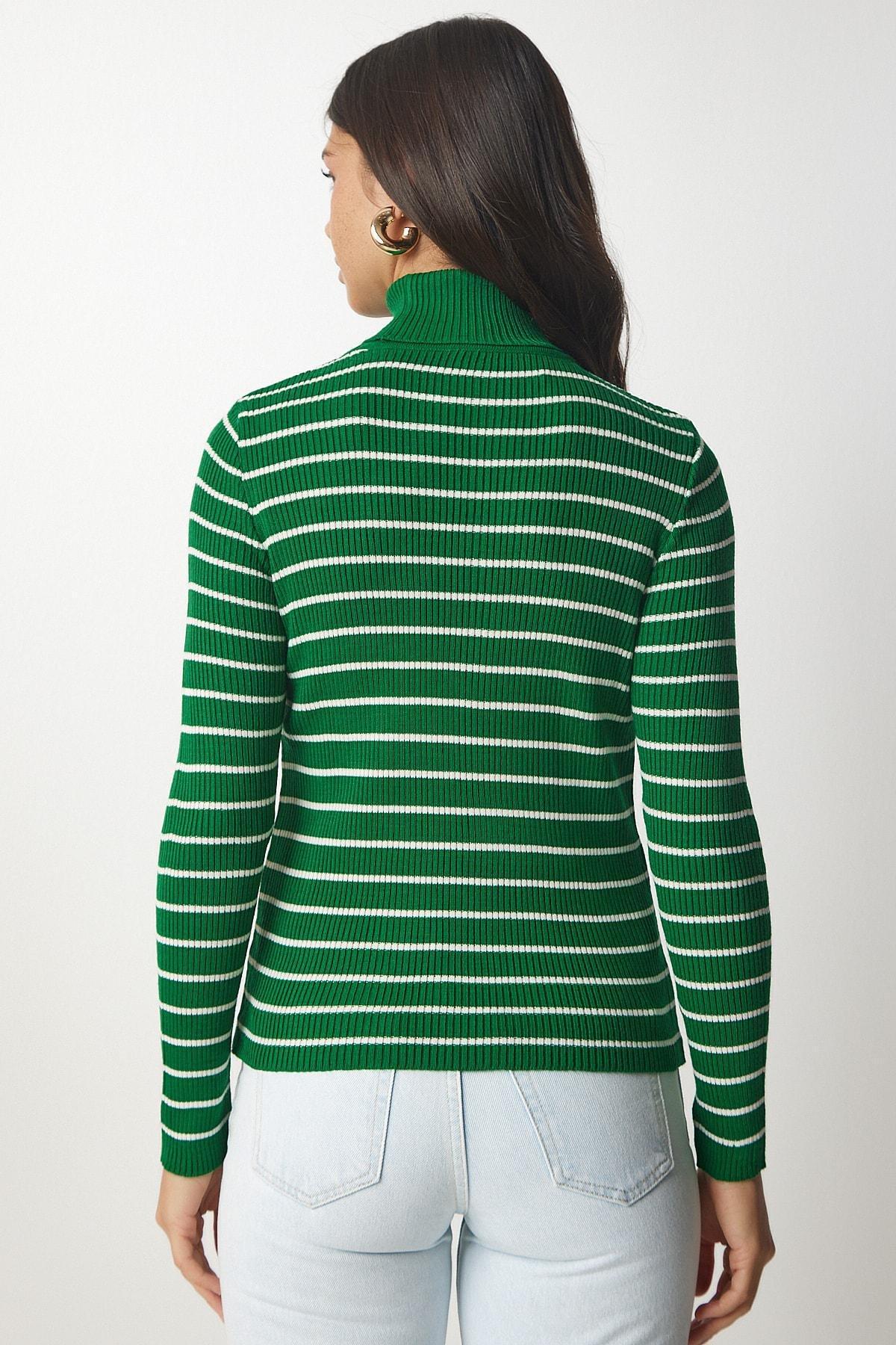 Green Striped Turtleneck Knitwear Sweater, Green, large image number 4