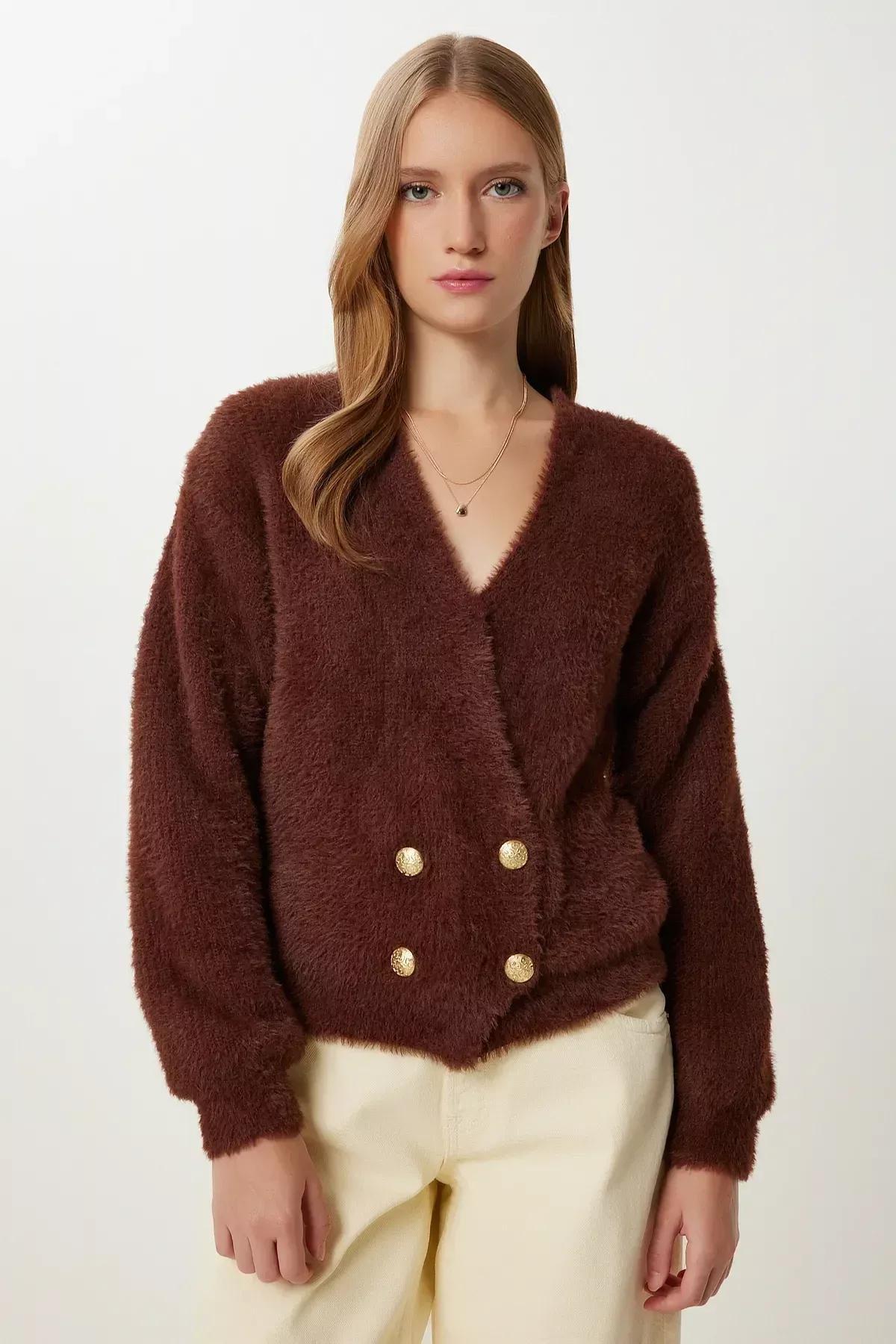Brown Soft Beard Knitwear Cardigan, Brown, large image number 0