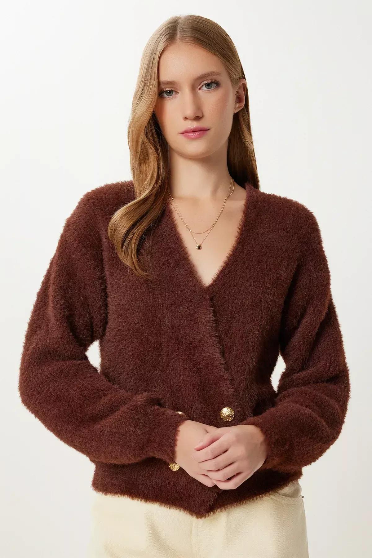 Brown Soft Beard Knitwear Cardigan, Brown, large image number 1