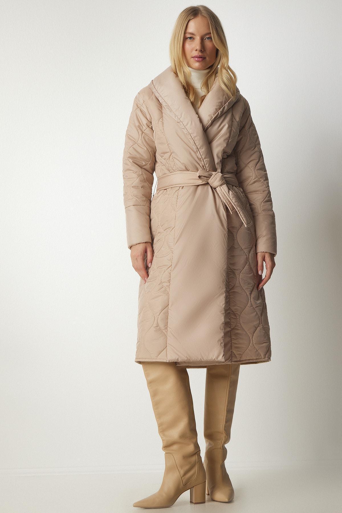 Cream Belted Shawl Collar Quilted Coat, Cream, large image number 0