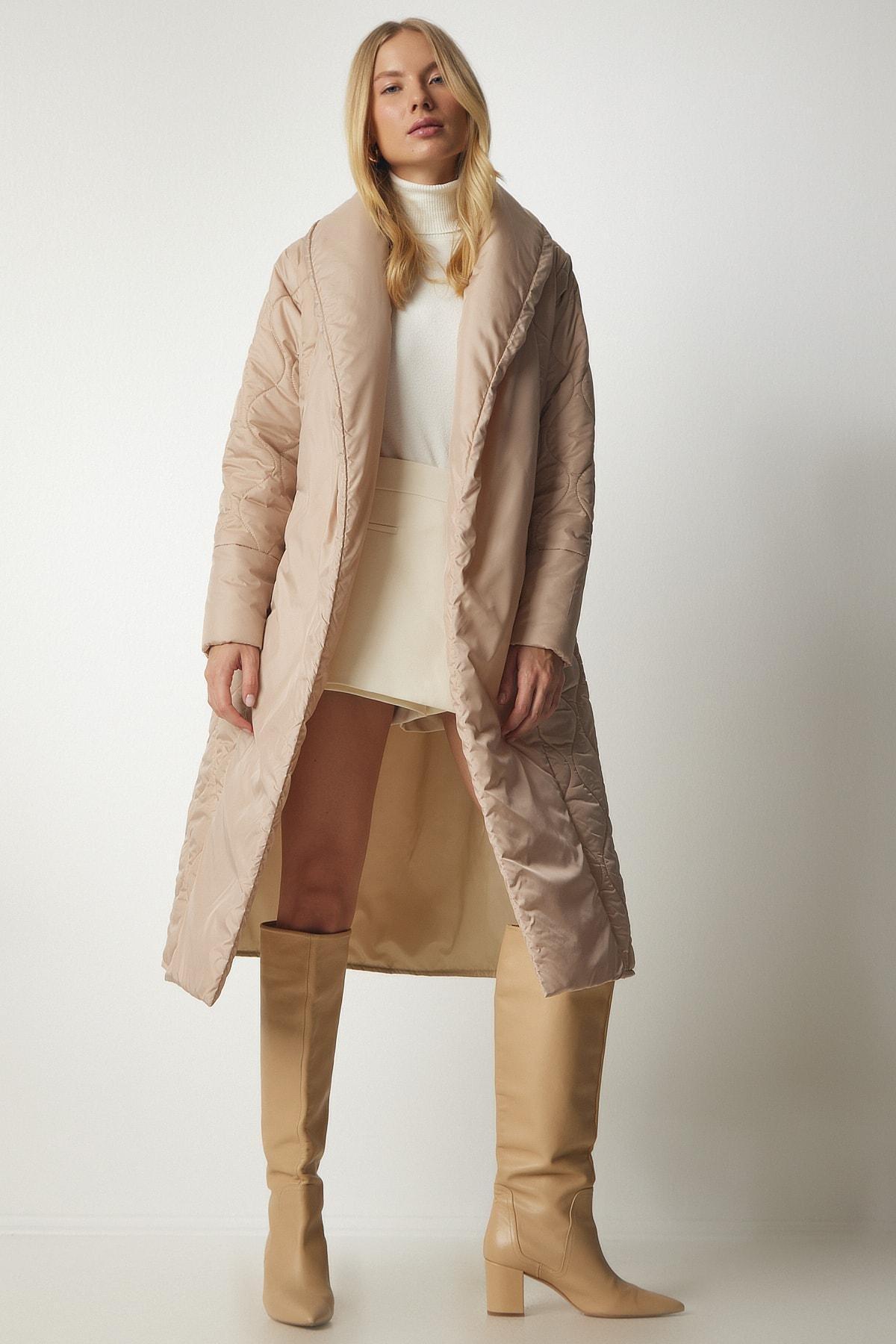 Cream Belted Shawl Collar Quilted Coat, Cream, large image number 1