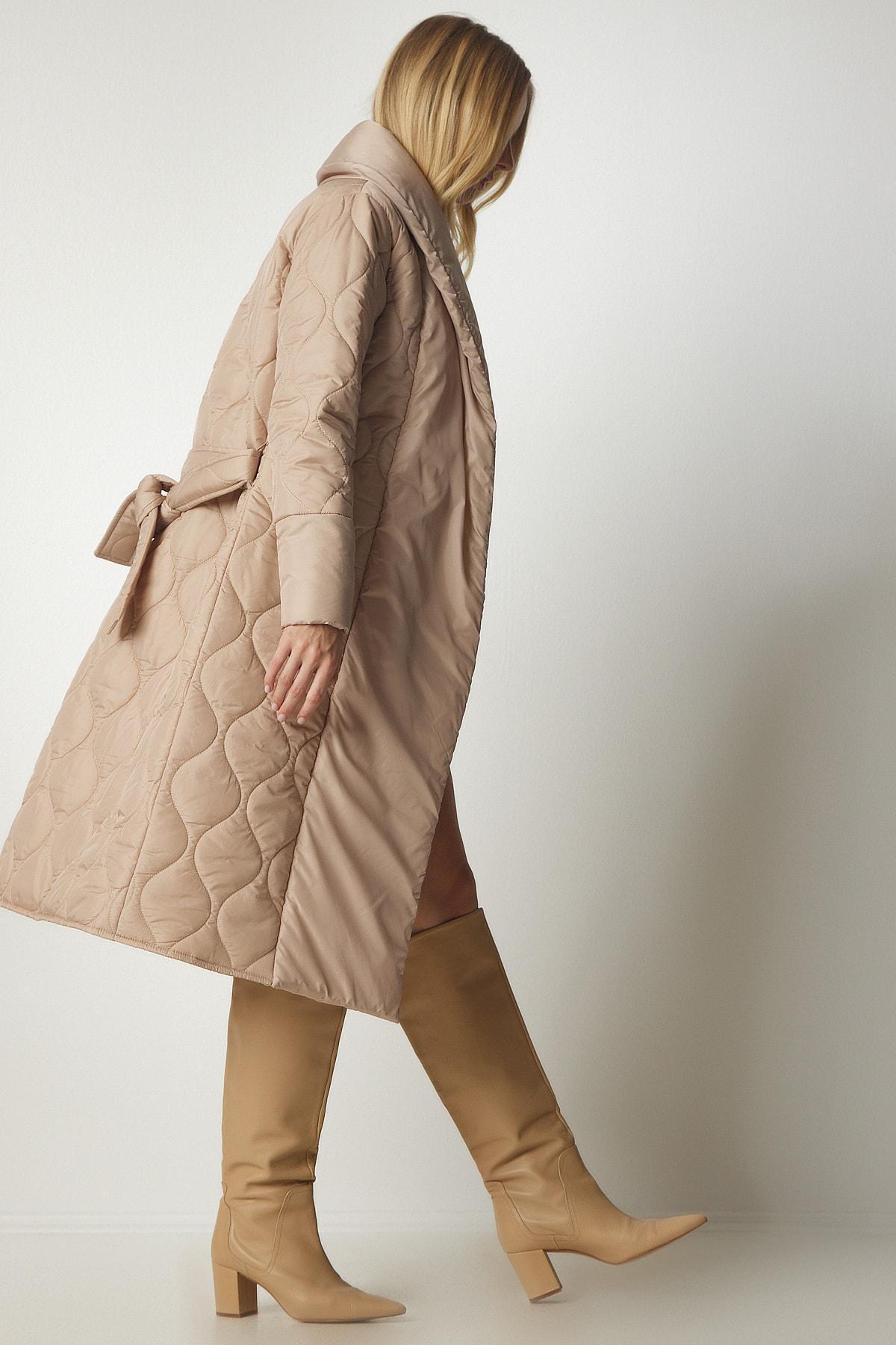 Cream Belted Shawl Collar Quilted Coat, Cream, large image number 2