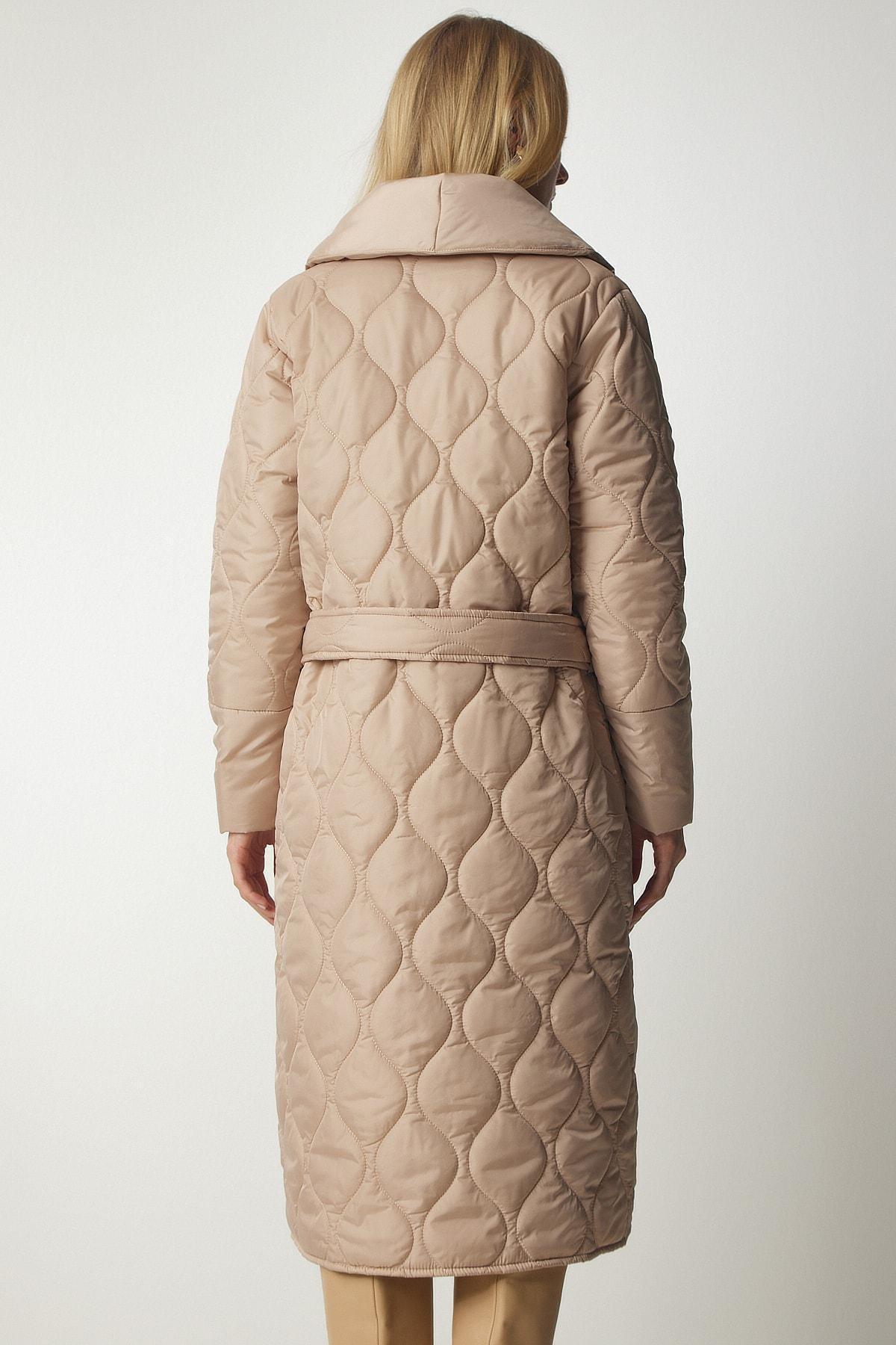 Cream Belted Shawl Collar Quilted Coat, Cream, large image number 4