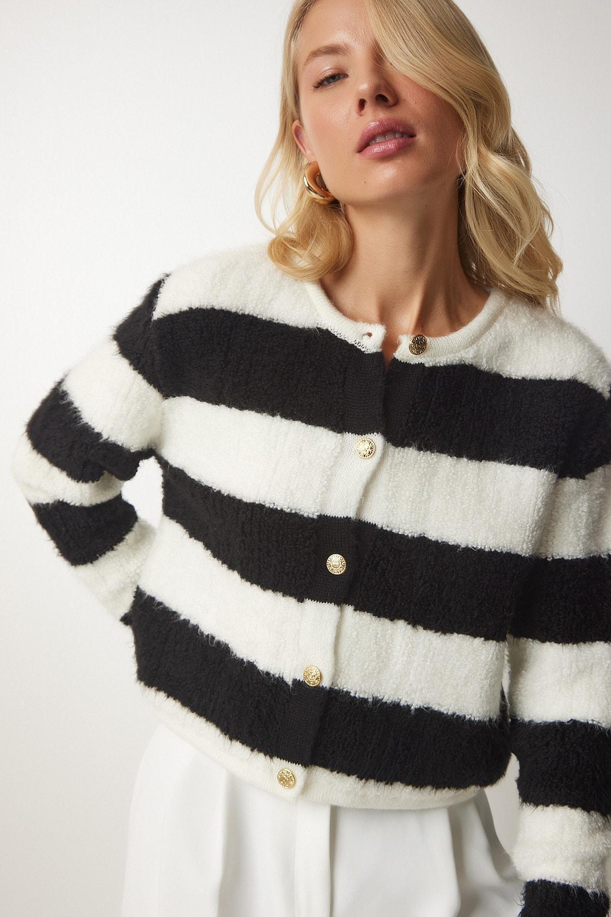 Multicolour Striped Boucle Knitwear Cardigan, Ecru Black, large image number 0