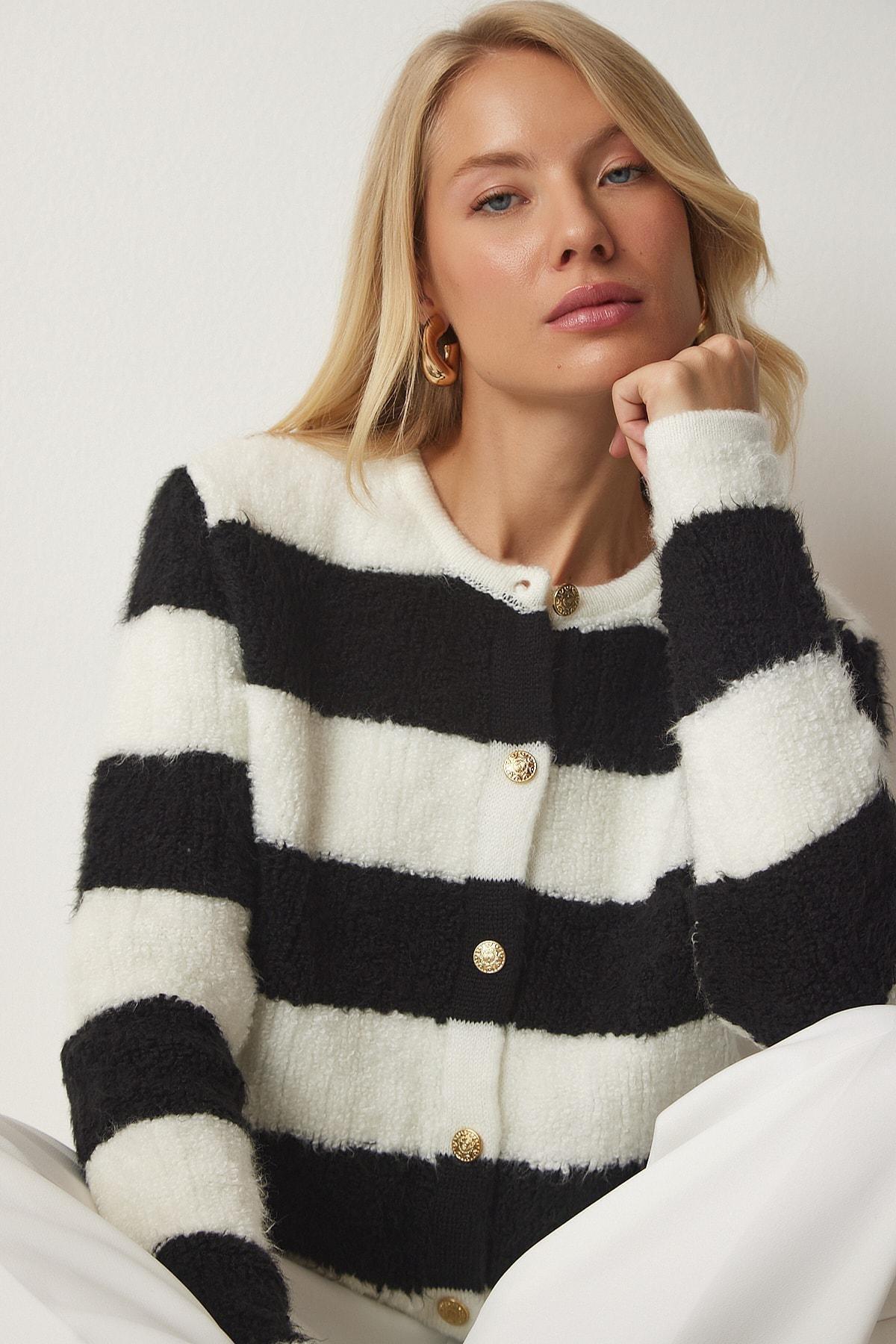 Multicolour Striped Boucle Knitwear Cardigan, Ecru Black, large image number 2