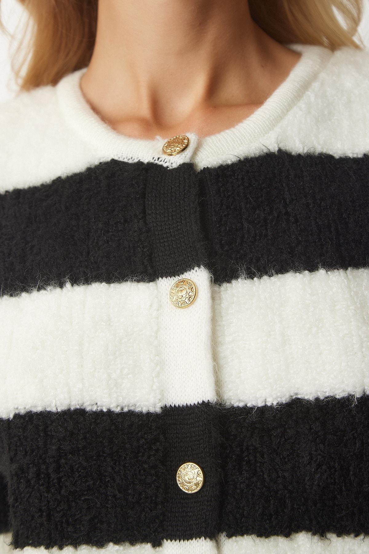 Multicolour Striped Boucle Knitwear Cardigan, Ecru Black, large image number 3