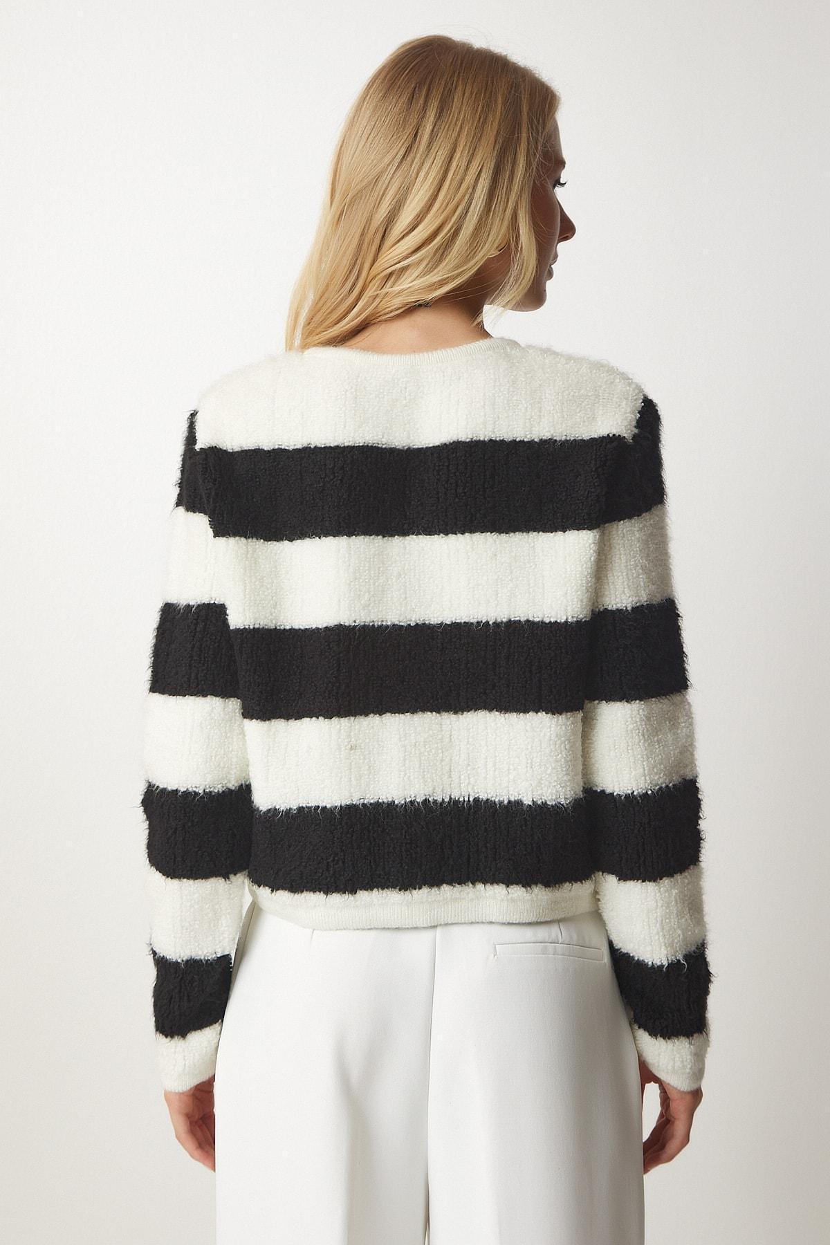 Multicolour Striped Boucle Knitwear Cardigan, Ecru Black, large image number 4