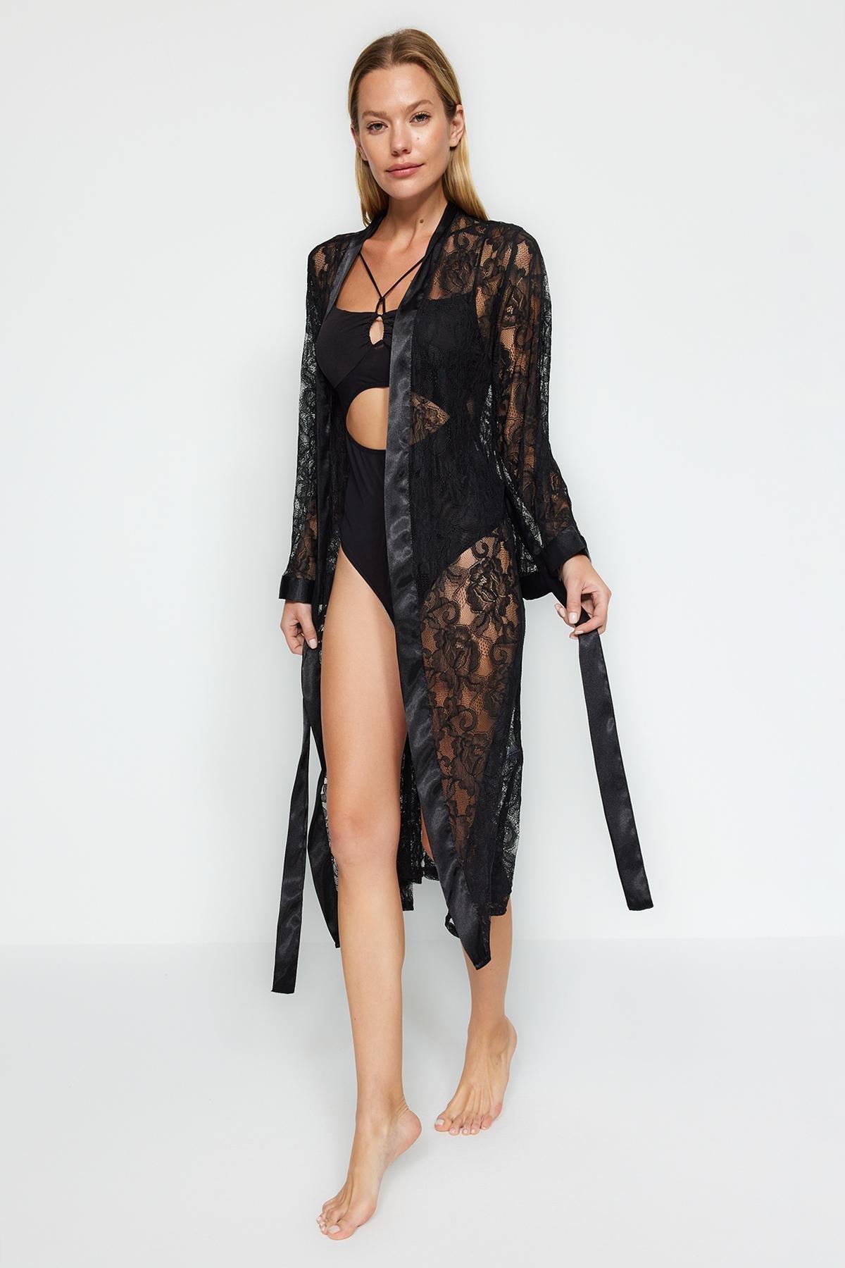 Black Detailed Knitted Dressing Gown, , large image number 1