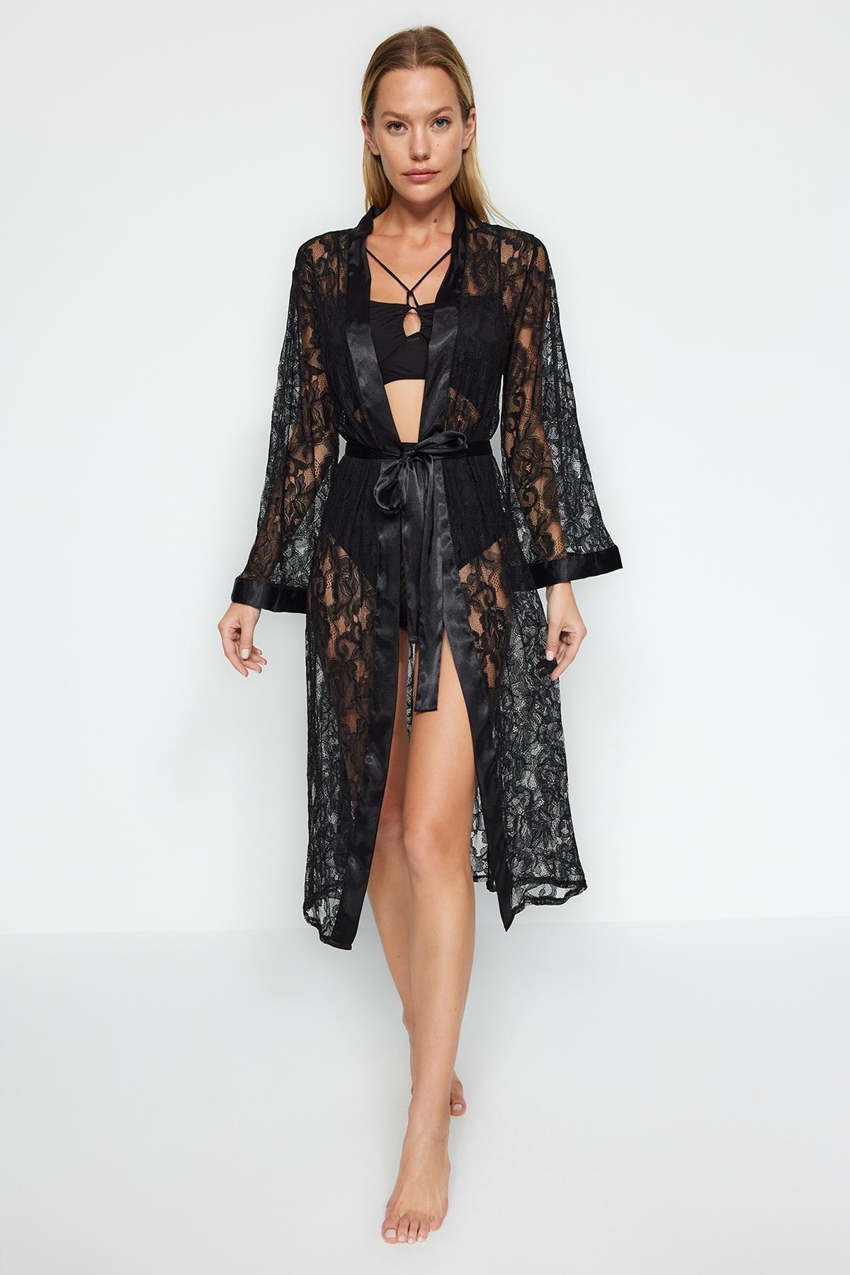 Black Detailed Knitted Dressing Gown, , large image number 3