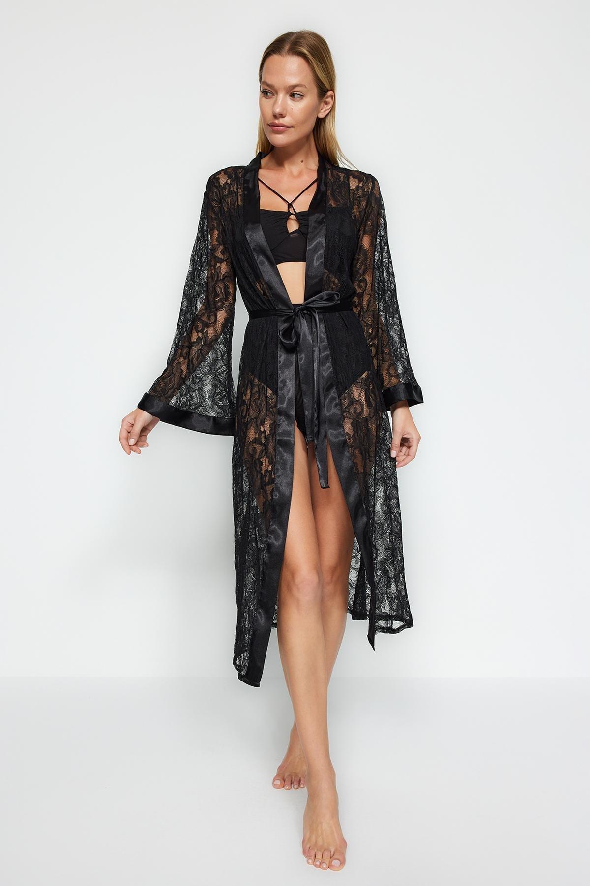 Black Detailed Knitted Dressing Gown, , large image number 4