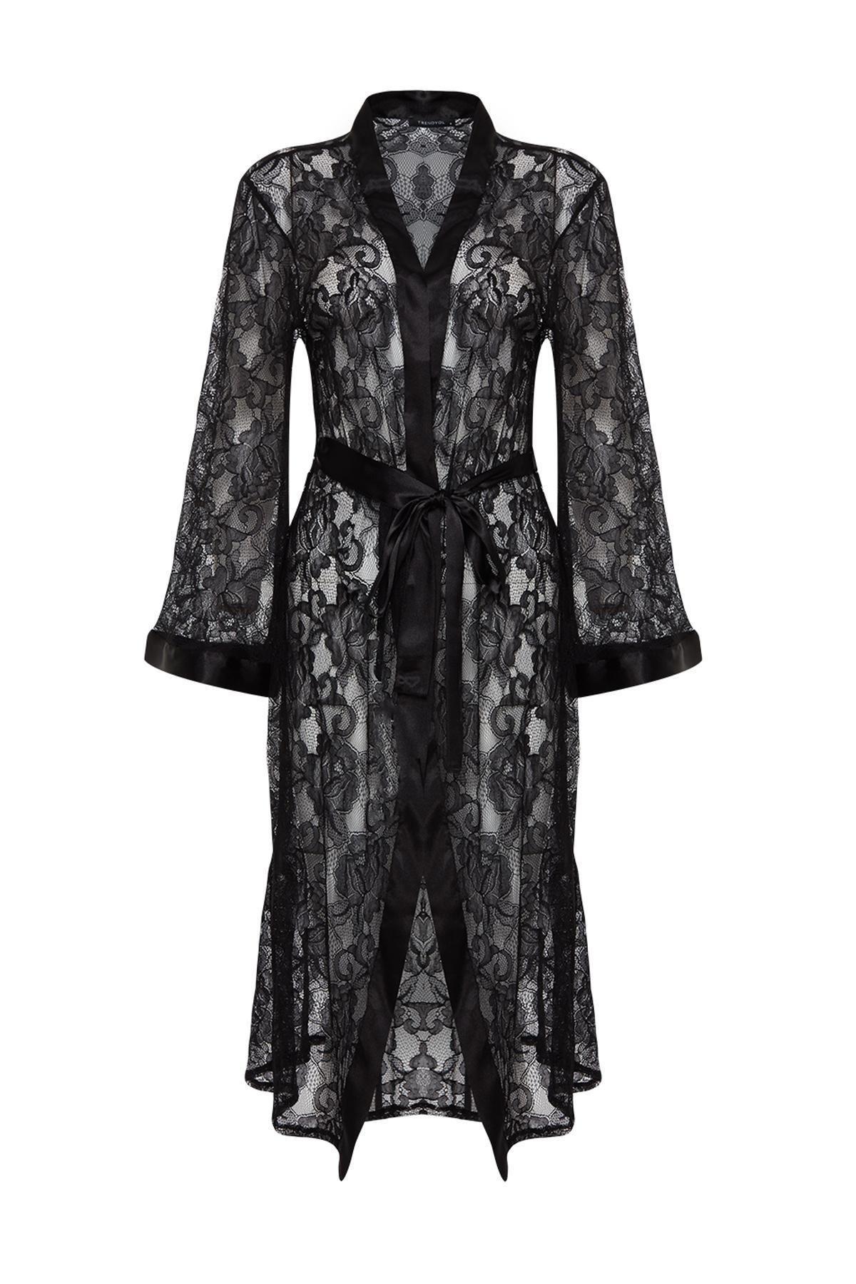 Black Detailed Knitted Dressing Gown, , large image number 6