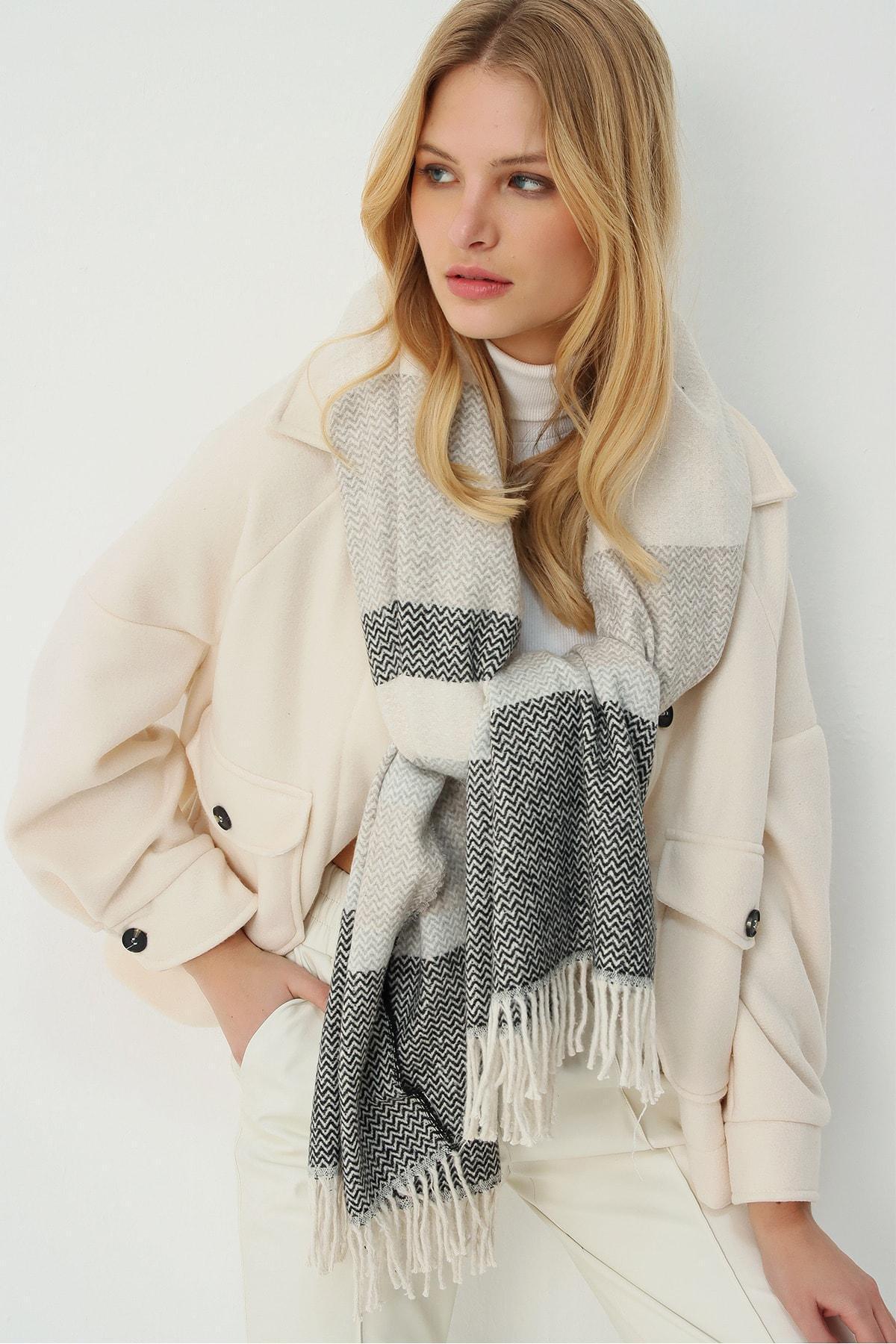 Ecru Wool Blended Patterned Shawl, Ecru, large image number 1