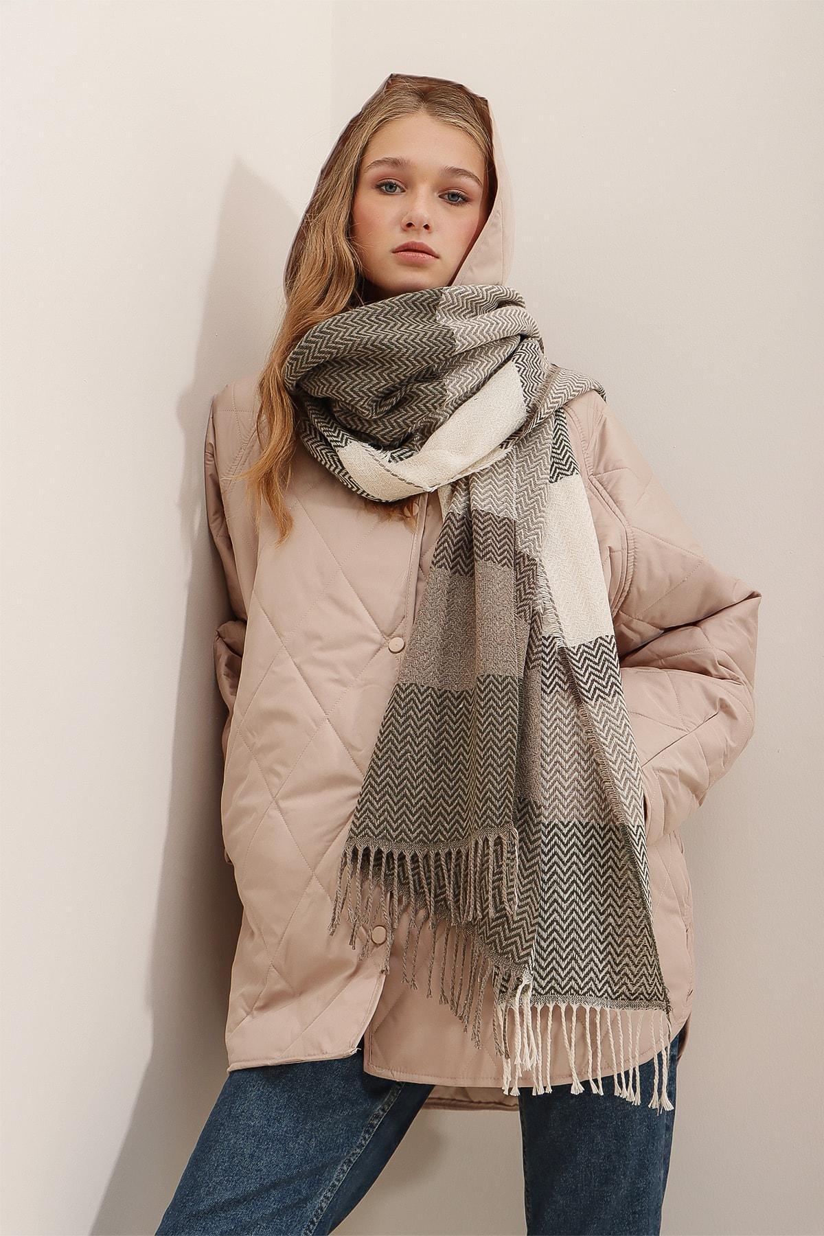 Brown Wool-Mixed Patterned Shawl, COFFEE WITH MILK, large image number 1