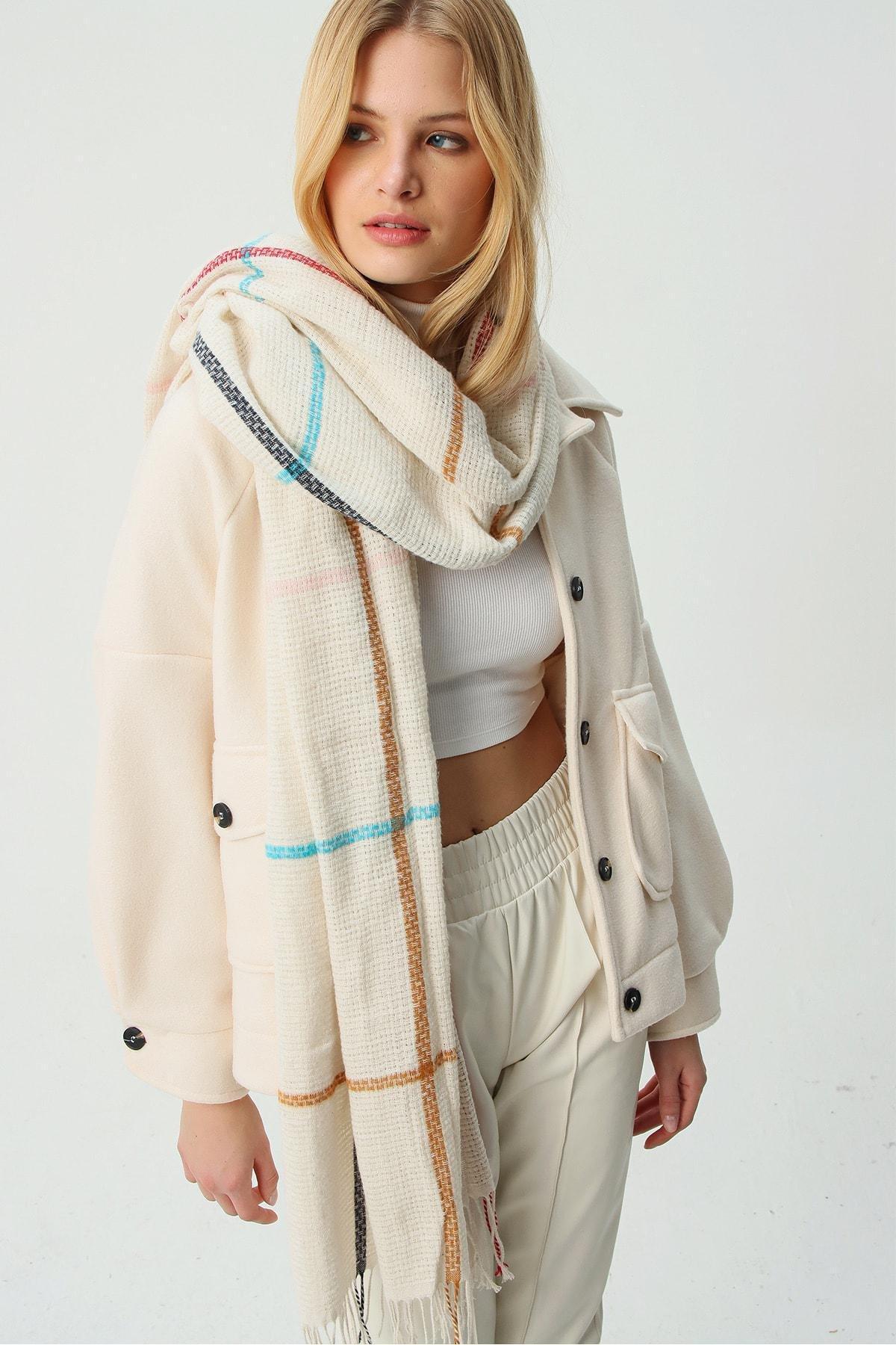 Ecru Wool Blend Patterned Shawl, Ecru, large image number 2