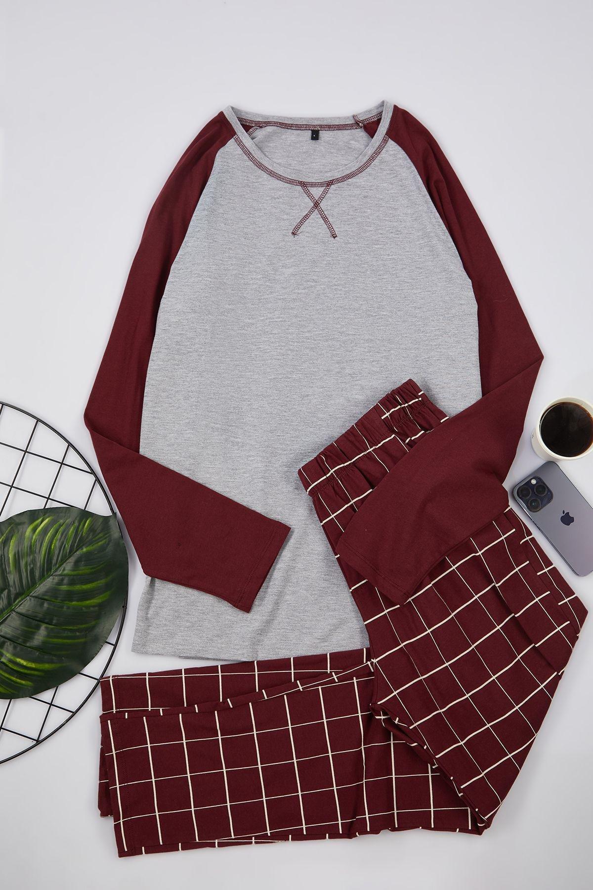 Burgundy Raglan Pajama Set, Dark Burgundy, medium
