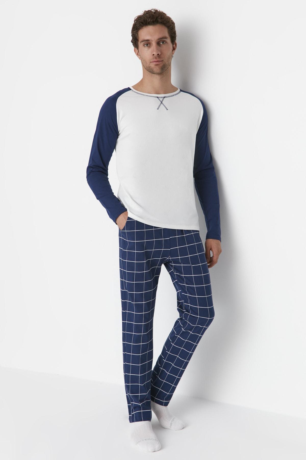 Navy Plaid Pajama Set, Dark blue, large image number 3