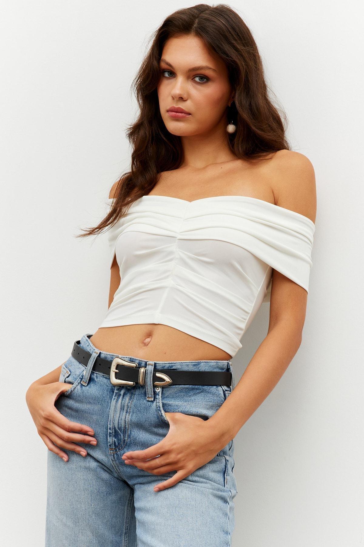 Ecru Madonna Collar Gathered Crop Top, Ecru, large image number 0