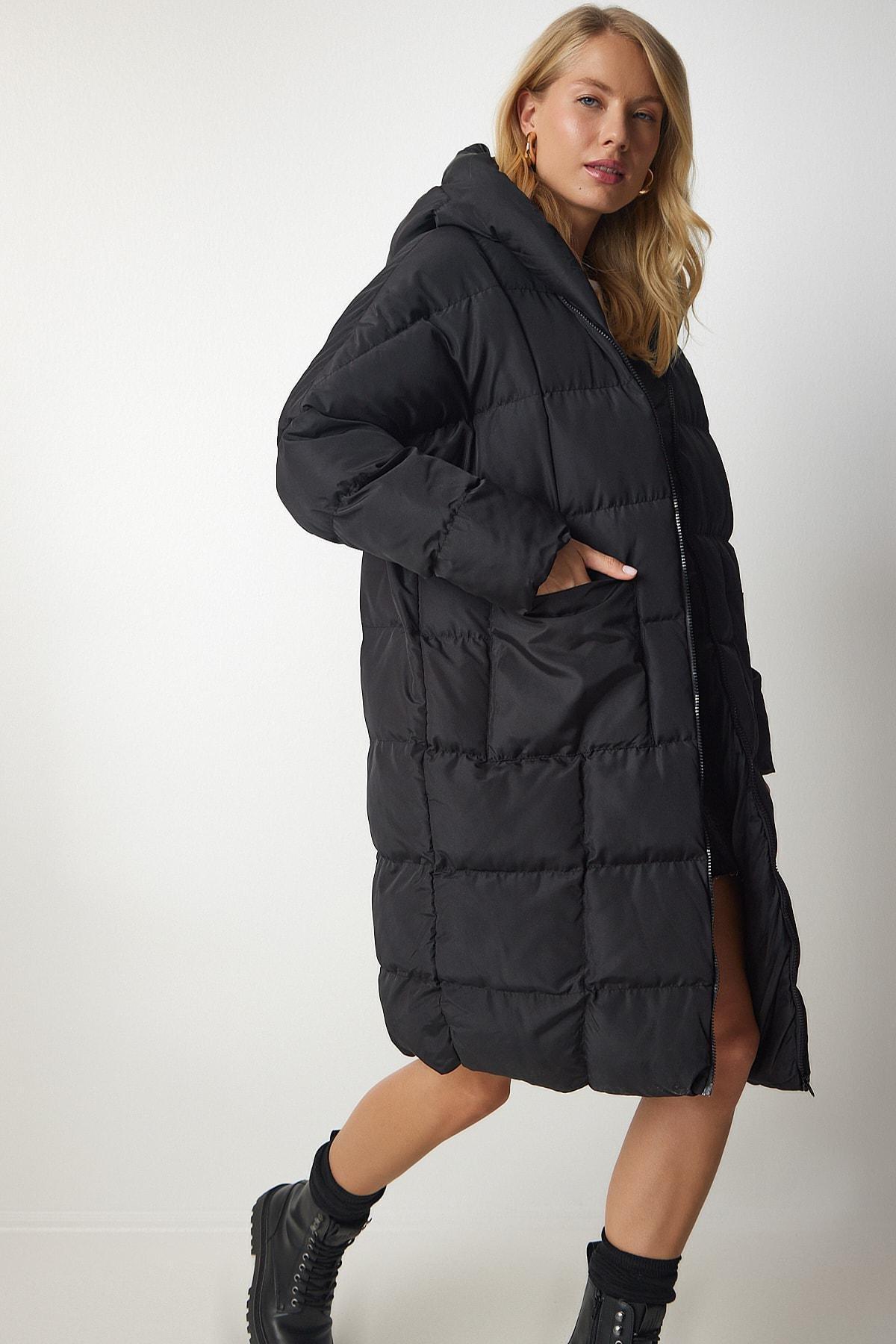 Black Hooded Oversize Puffer Coat, BLACK, large image number 0