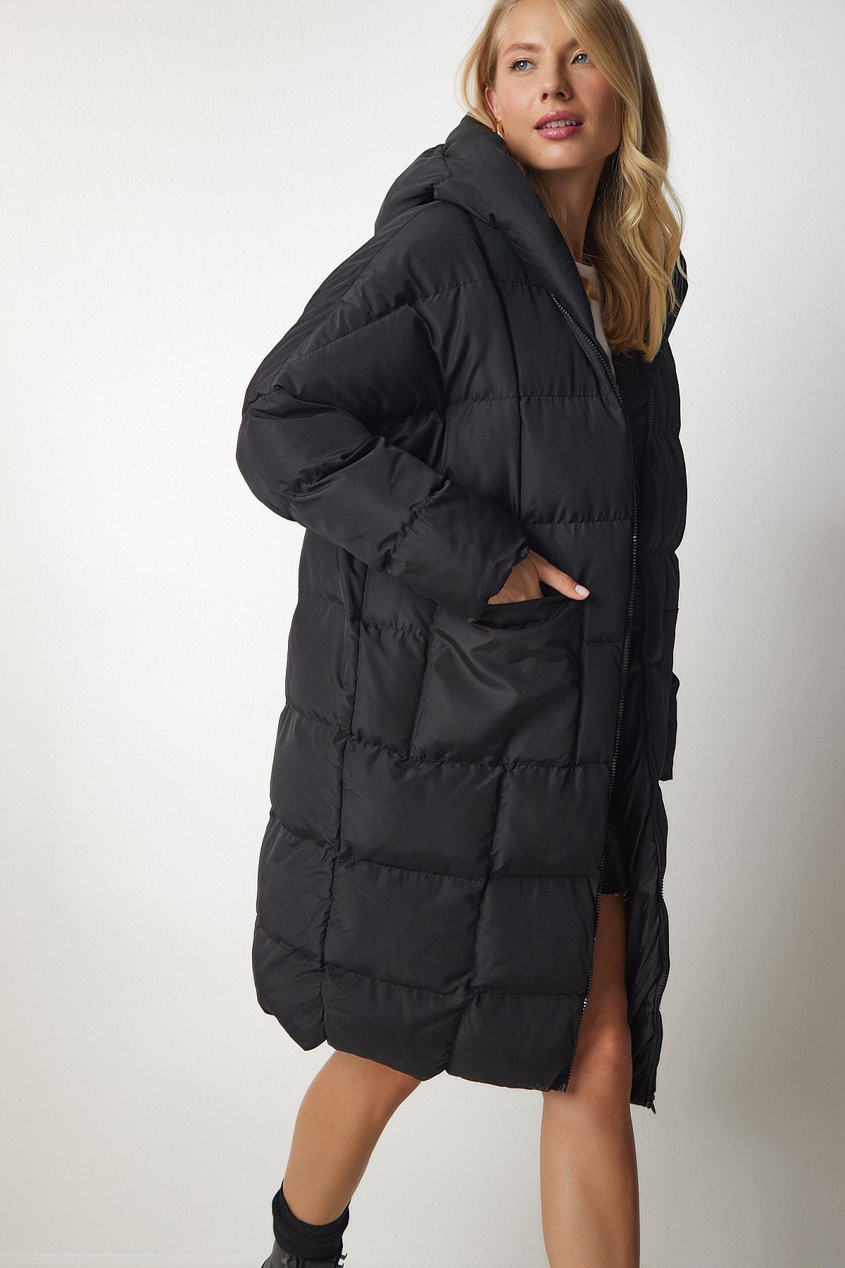 Black Hooded Oversize Puffer Coat, BLACK, large image number 1