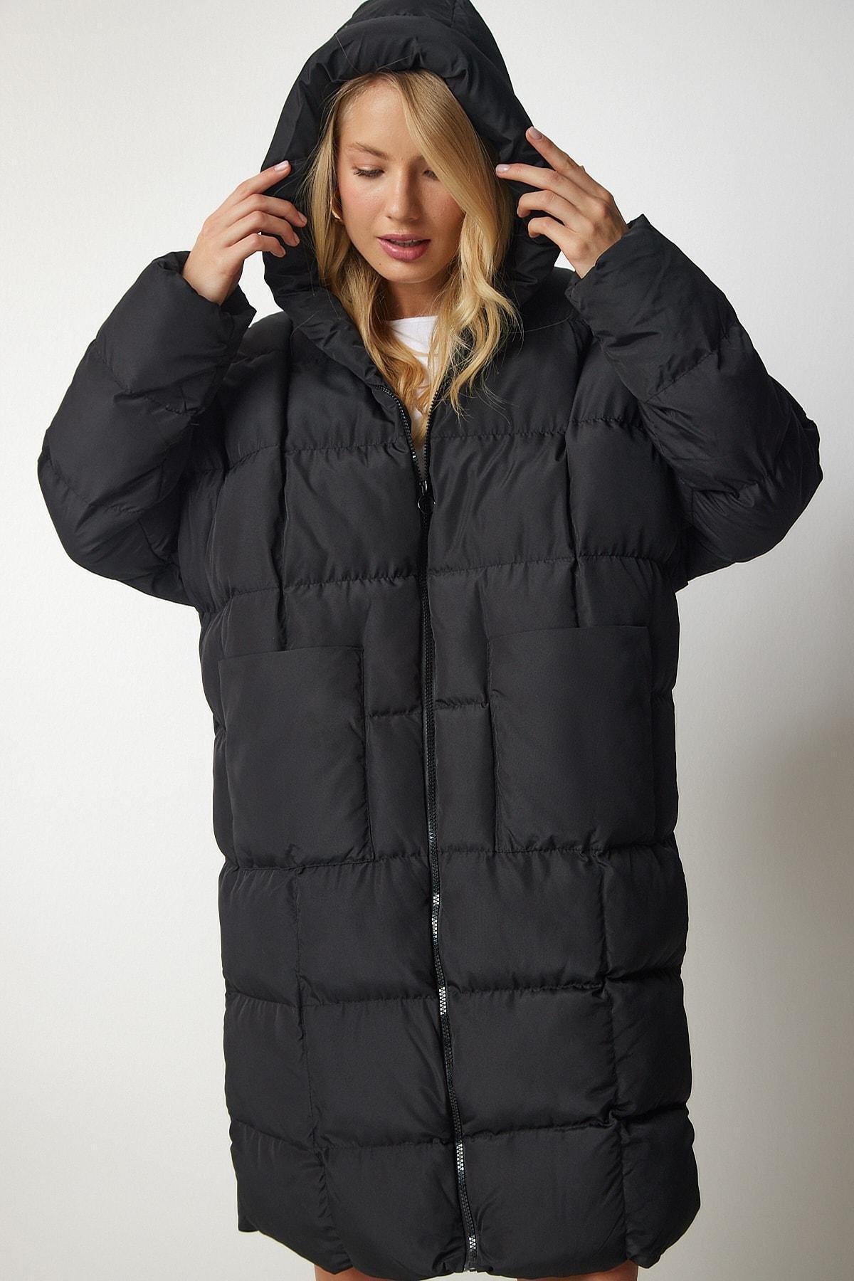 Black Hooded Oversize Puffer Coat, BLACK, large image number 2