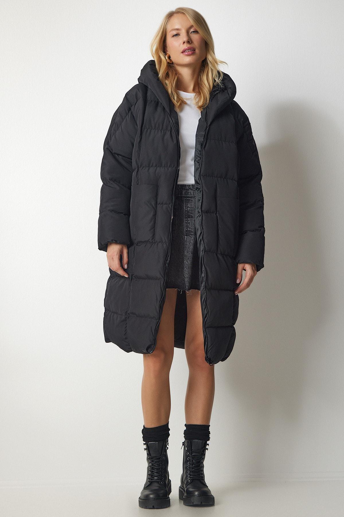 Black Hooded Oversize Puffer Coat, BLACK, large image number 3