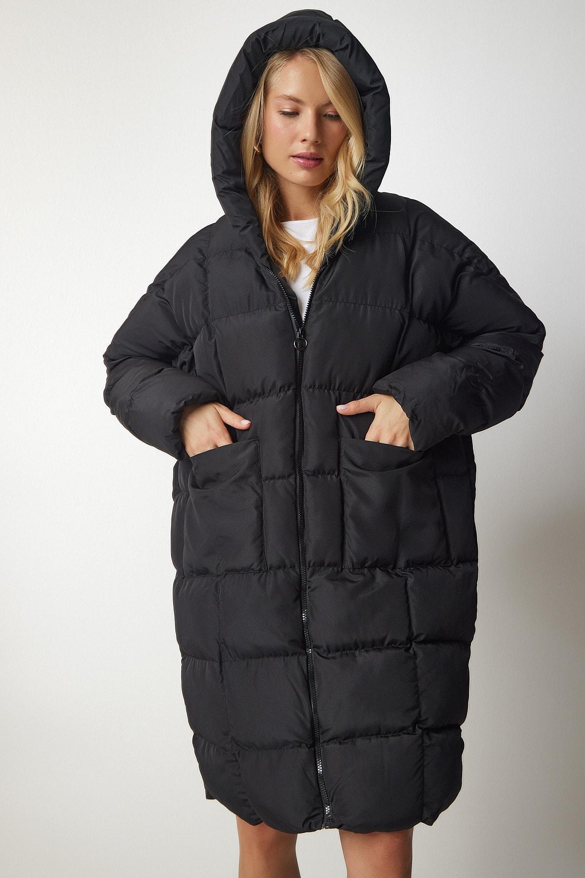 Black Hooded Oversize Puffer Coat, BLACK, large image number 4