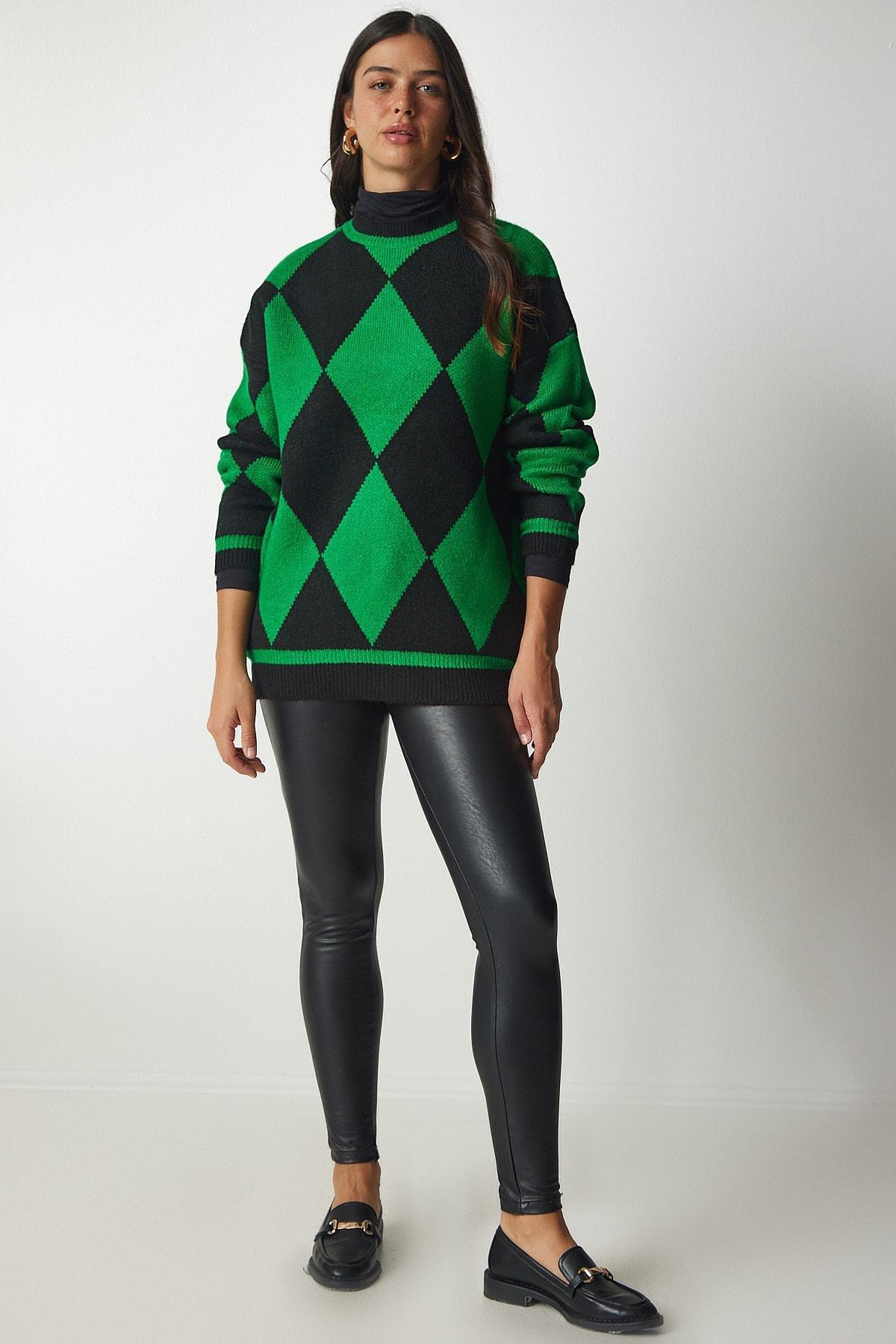 Green Diamond Pattern Oversized Knitwear Sweater, Green, large image number 0
