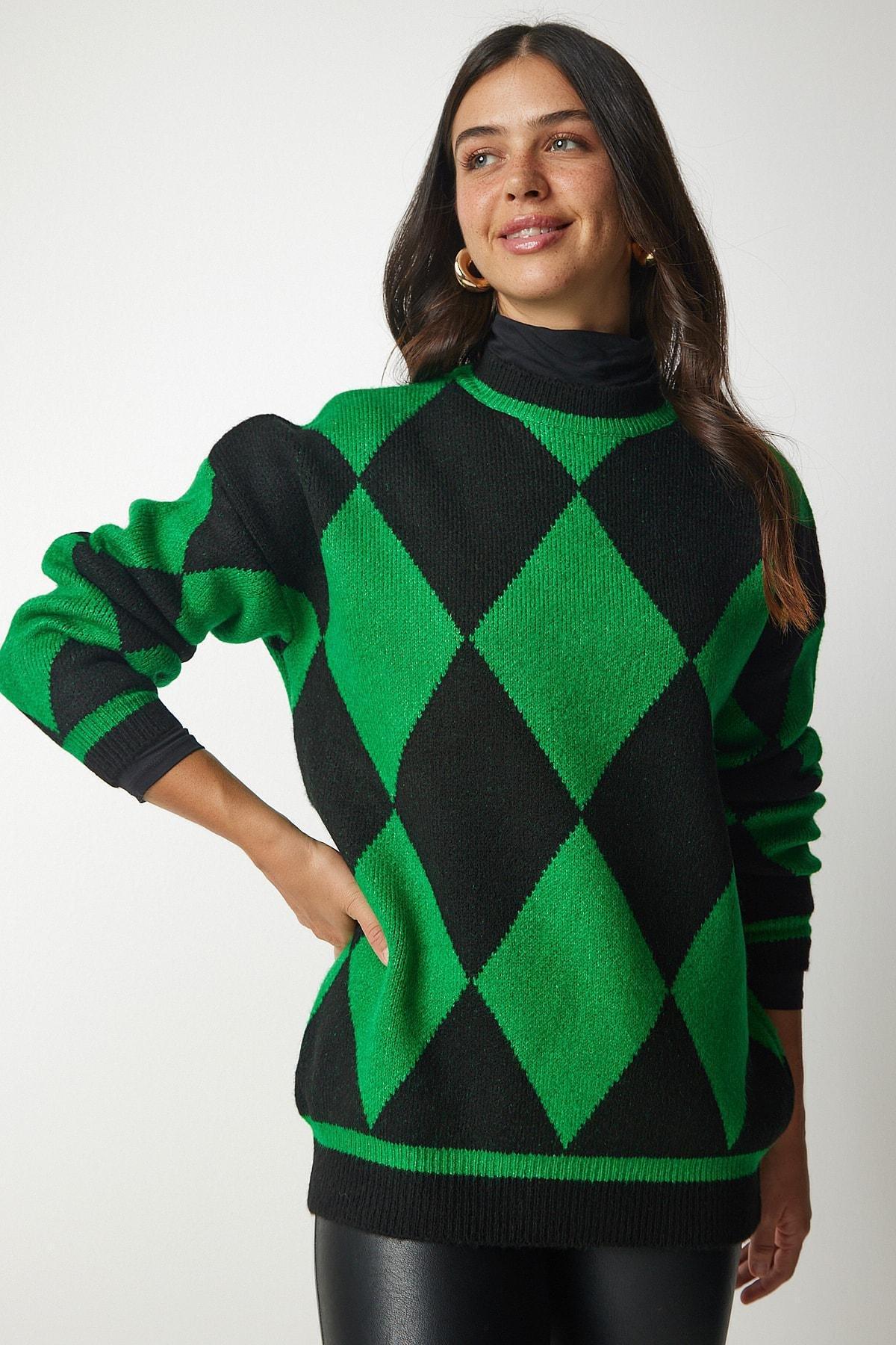 Green Diamond Pattern Oversized Knitwear Sweater, Green, large image number 1