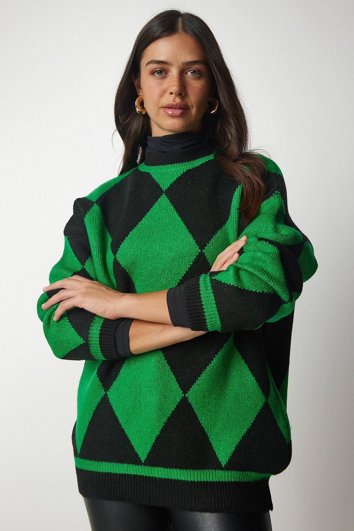 Green Diamond Pattern Oversized Knitwear Sweater, Green, large image number 2
