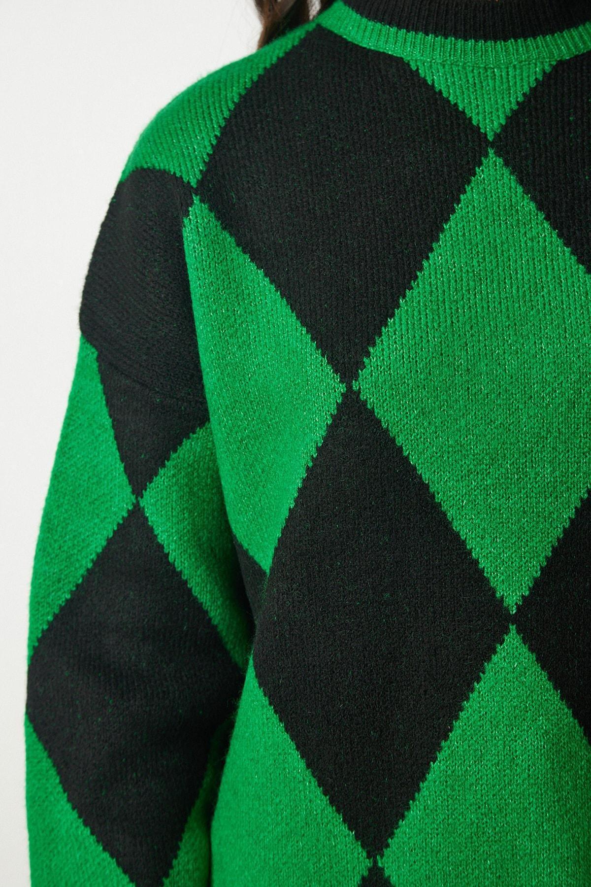 Green Diamond Pattern Oversized Knitwear Sweater, Green, large image number 3