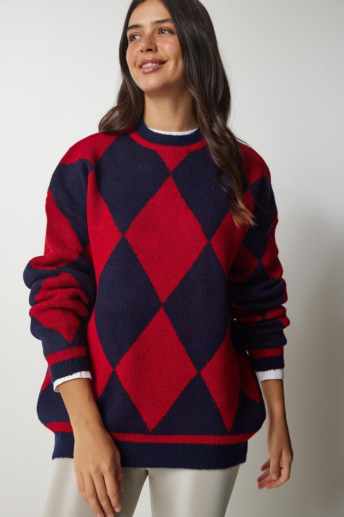 Red Diamond Pattern Oversized Knitwear Sweater, , large image number 0