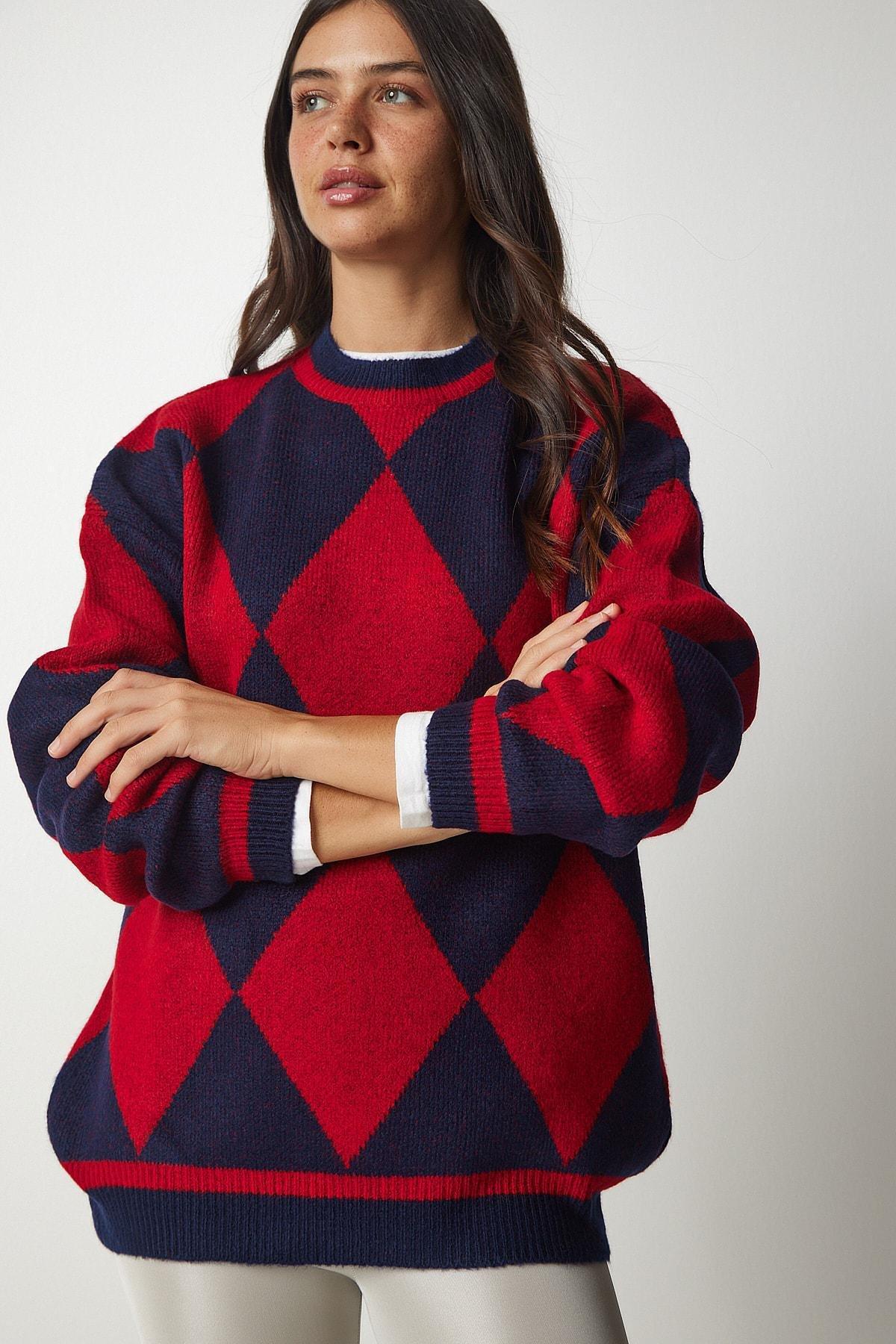Red Diamond Pattern Oversized Knitwear Sweater, , large image number 1