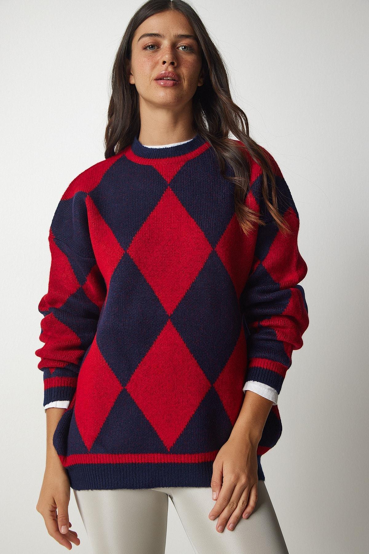Red Diamond Pattern Oversized Knitwear Sweater, , large image number 2