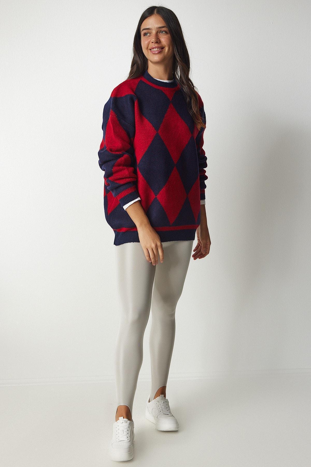 Red Diamond Pattern Oversized Knitwear Sweater, , large image number 3