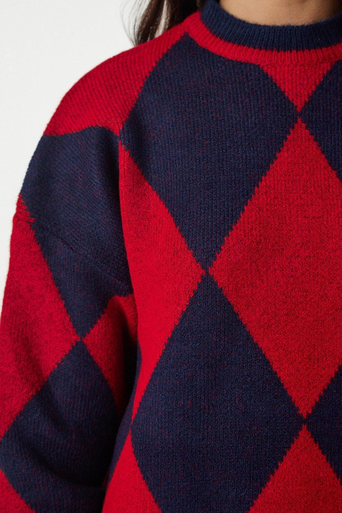 Red Diamond Pattern Oversized Knitwear Sweater, , large image number 4